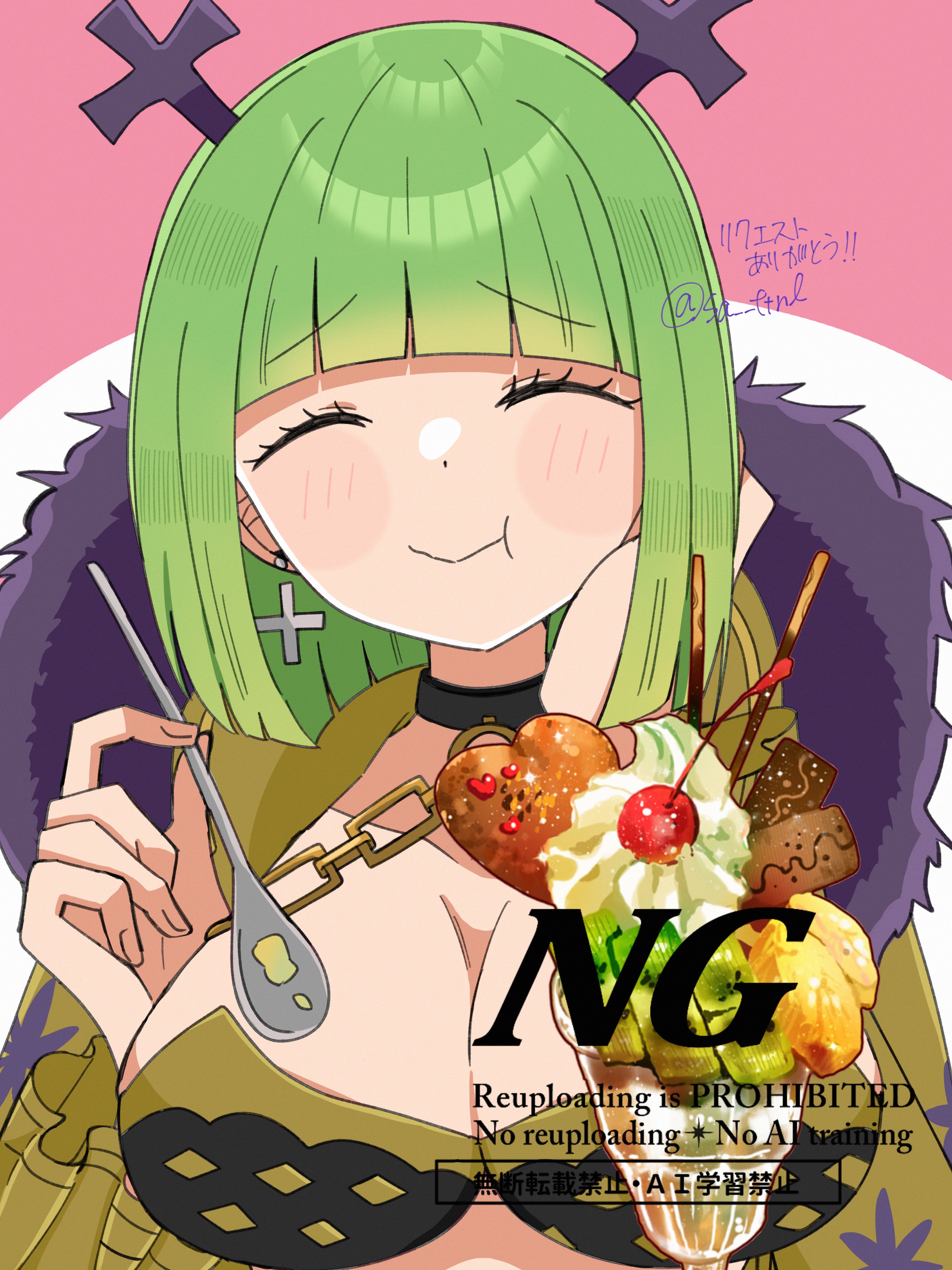 brandish mu, fairy tail, absurdres, commentary request, highres, 1girl, black choker, blush, breasts, choker, cleavage, closed eyes, cross, cross earrings, cross hair ornament, earrings, english text, green hair, hair ornament, holding, holding spoon, jewelry, large breasts, looking at viewer, pink background, sa ftnl, short hair, signature, simple background, solo, spoon, upper body, watermark