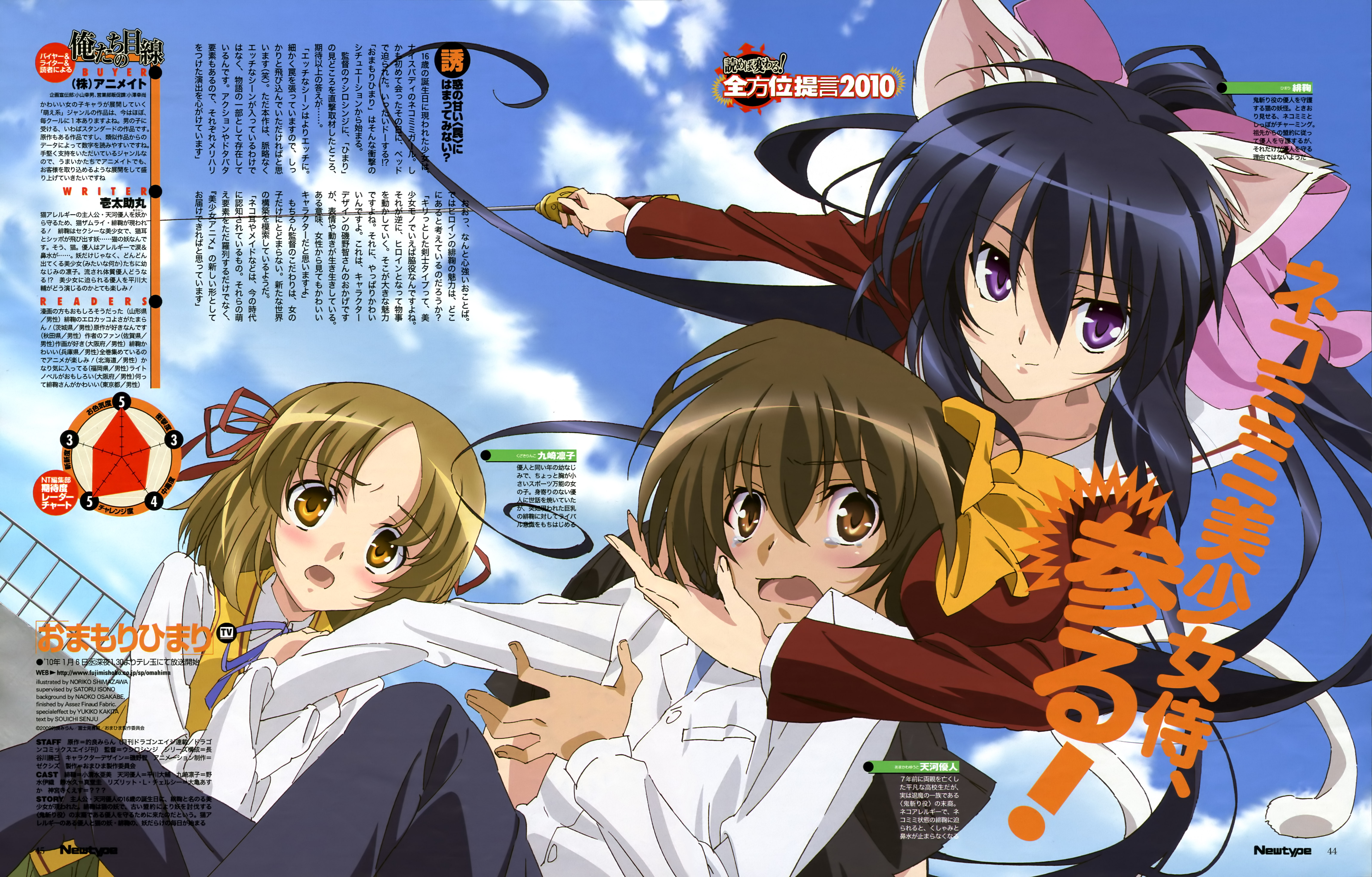 shimazawa noriko, amakawa yuuto, kuzaki rinko, noihara himari, newtype, omamori himari, absurdres, highres, official art, animal ears, breast press, breast smother, breasts, cat ears, cat tail, katana, large breasts, ribbon, school uniform, stats, sword, tail, tears, weapon