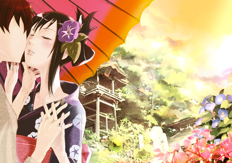 nanase jiro, koiso kenji, shinohara natsuki, summer wars, 00s, 1boy, 1girl, black hair, blush, closed eyes, couple, flower, hair flower, hair ornament, hetero, holding hands, imminent kiss, interlocked fingers, japanese clothes, kimono, morning glory, oil-paper umbrella, umbrella, yukata