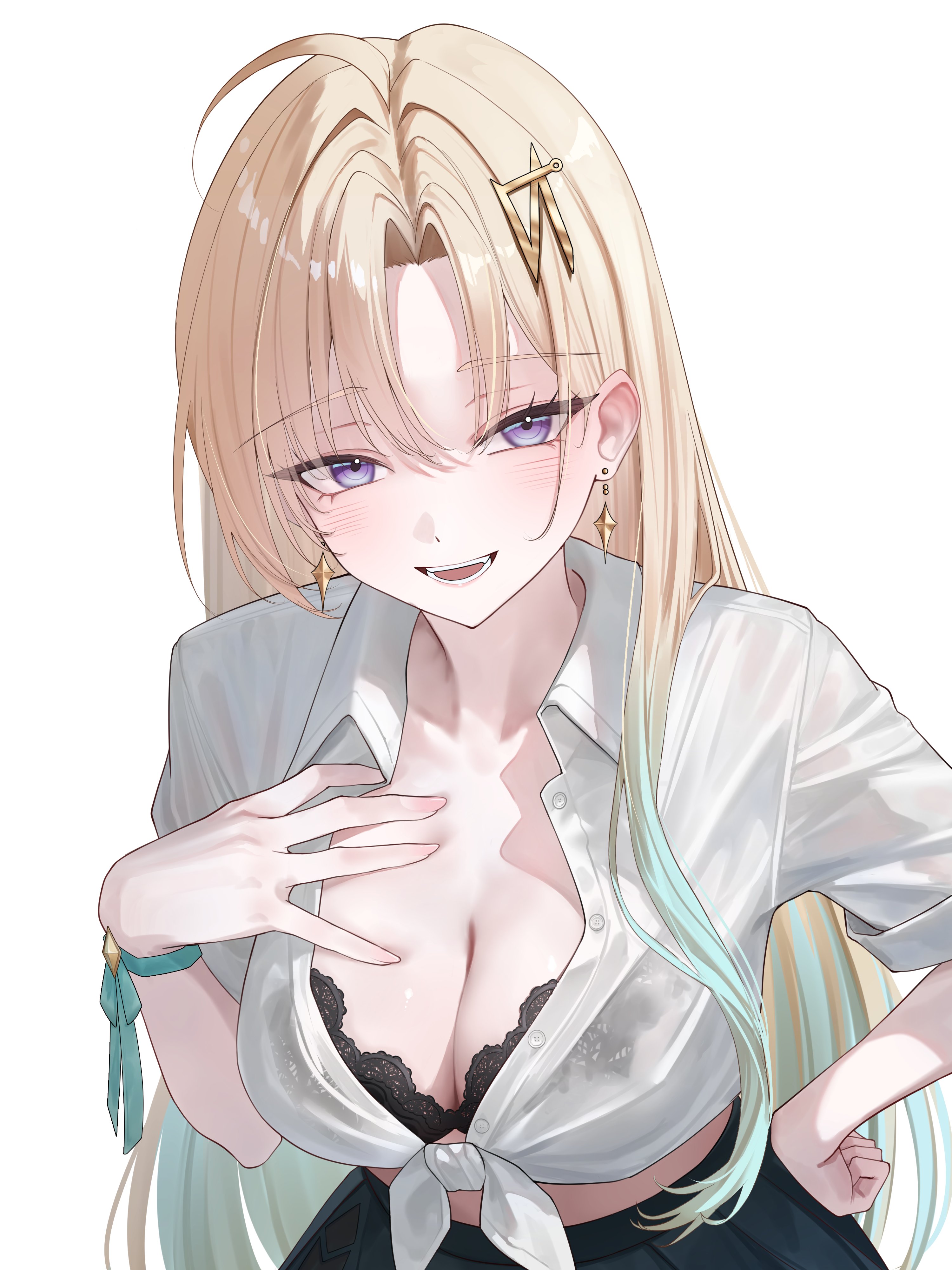 original, absurdres, commentary, commission, highres, 1girl, ahoge, aqua hair, arm ribbon, black bra, black skirt, blonde hair, blush, bra, bra visible through clothes, breasts, cleavage, collared shirt, crop top, curtained hair, earrings, gradient hair, hair between eyes, hair ornament, hand on own chest, hand on own hip, hand up, head tilt, jewelry, large breasts, long hair, long sleeves, multicolored hair, open mouth, parted bangs, pleated skirt, purple eyes, ribbon, see-through clothes, see-through shirt, shirt, shokos4n, simple background, skirt, smile, solo, star (symbol), star earrings, teeth, tied shirt, unbuttoned, underwear, very long hair, white background, white shirt