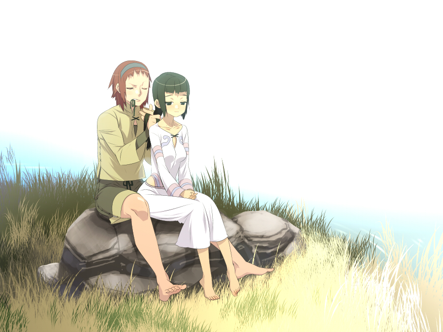 tensugi takashi, mono (shadow of the colossus), wander (shadow of the colossus), shadow of the colossus, bad id, bad pixiv id, 1boy, 1girl, barefoot, black eyes, black hair, blush, feet, grass, long hair, outdoors, red hair, short hair, toes