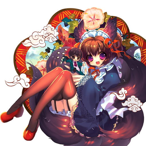 cherrypin, original, animal ears, blush, brown eyes, brown hair, dress, fang, flower, garter straps, hair ribbon, legs, legs up, maid headdress, mini person, miniboy, multiple tails, necktie, open mouth, purple eyes, ribbon, shoes, simple background, smile, sweatdrop, tail, thighhighs