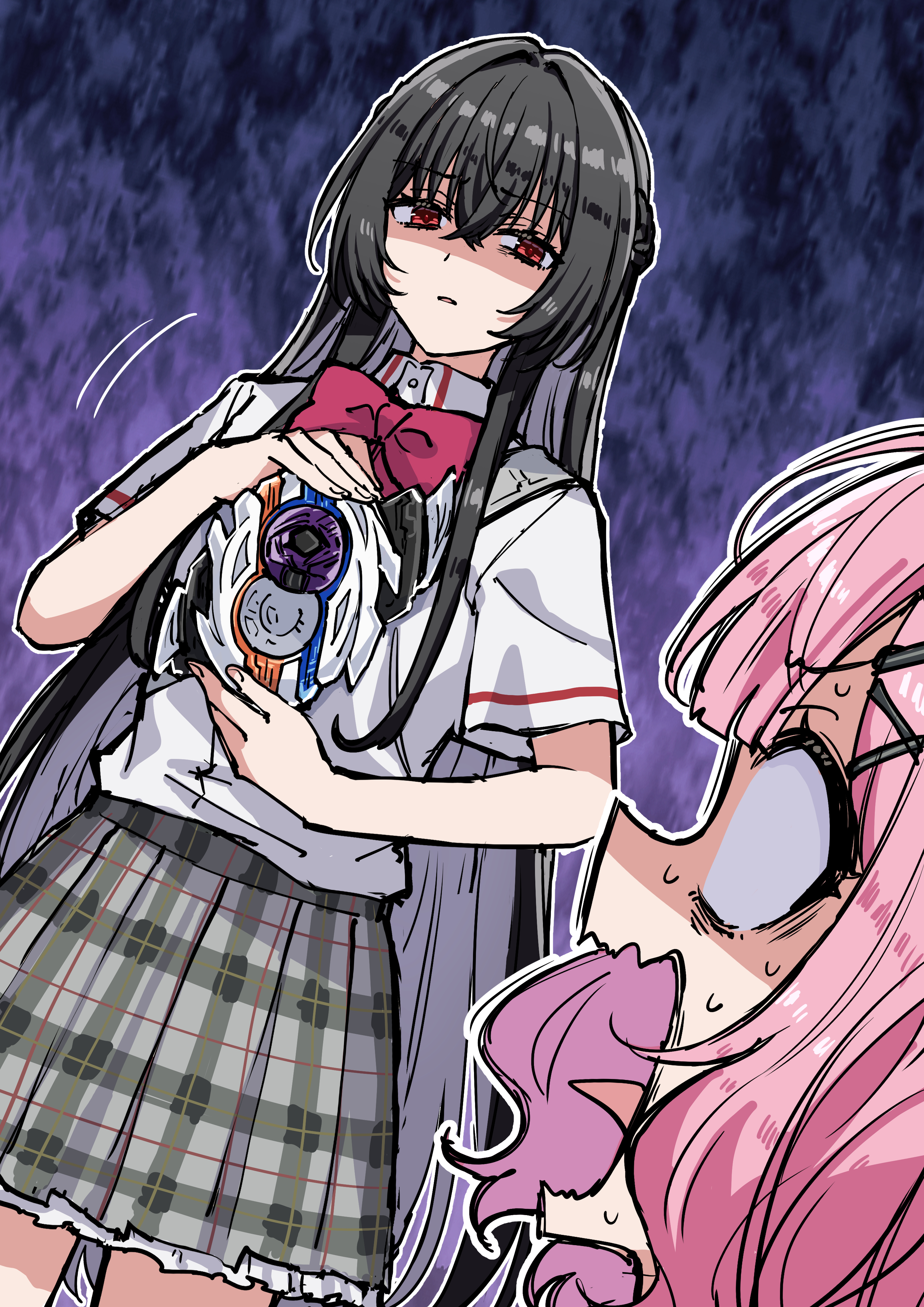 somechime (sometime1209), amaori renako, koto satsuki, kamen rider, kamen rider zeztz (series), watashi ga koibito ni nareru wake naijan murimuri!, absurdres, commentary request, highres, 2girls, ashigaya high school uniform, black hair, bow, bowtie, capsems, dutch angle, hair between eyes, hair ornament, henshin pose, holding, jitome, multiple girls, nox driver, open mouth, parted lips, pink hair, pleated skirt, red bow, red bowtie, red eyes, rider belt, rolling eyes, school uniform, shirt, short sleeves, skirt, surprised, sweatdrop, tongue, tongue out, wavy mouth, white shirt