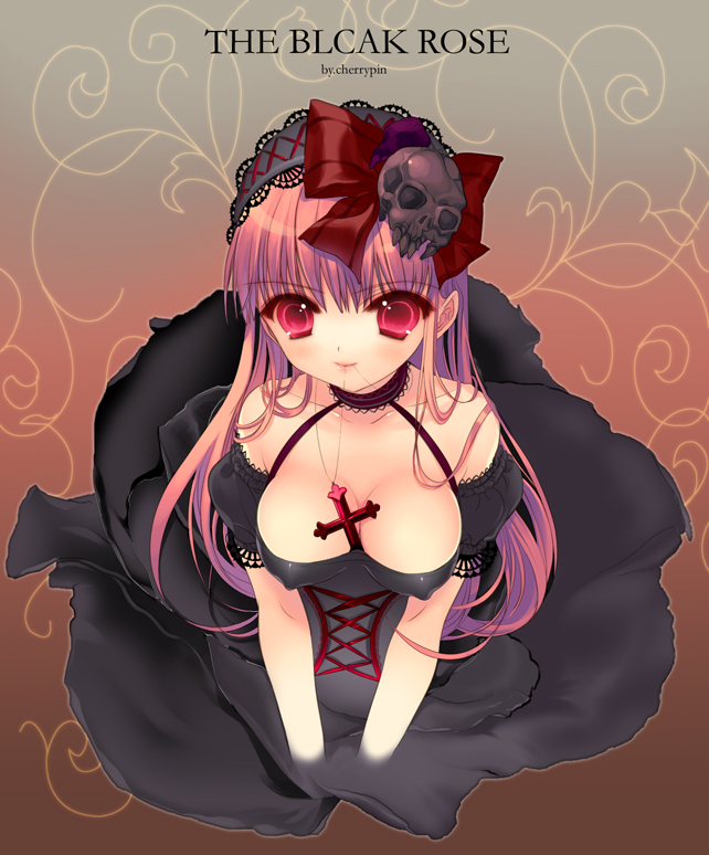 cherrypin, 1girl, bare shoulders, black dress, breasts, cleavage, covered erect nipples, cross, dress, female focus, from above, goth fashion, gothic lolita, hairband, large breasts, lolita fashion, lolita hairband, long hair, mouth hold, pink hair, red eyes, skull, smile, solo, typo