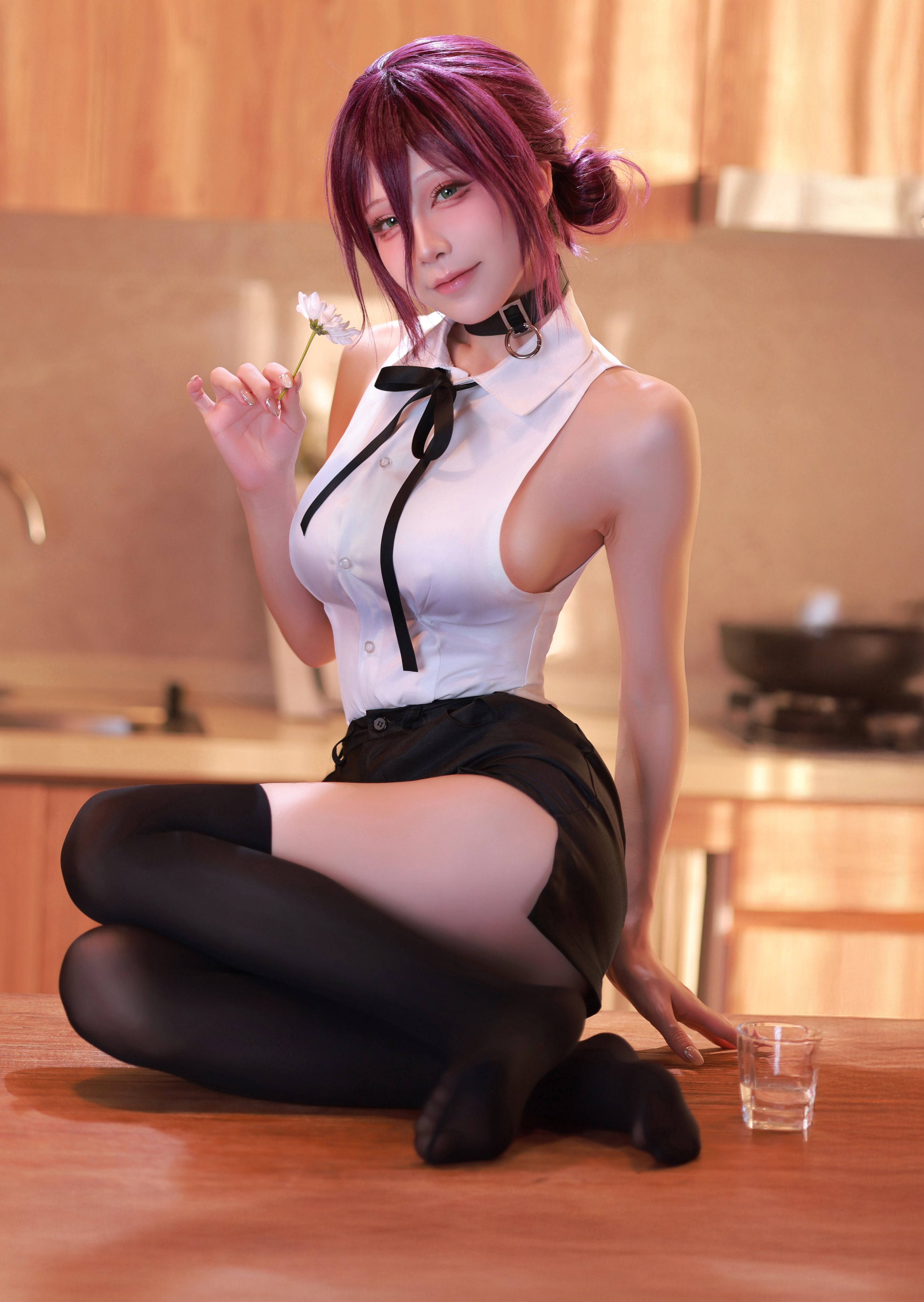 reze (chainsaw man), chainsaw man, real life, absurdres, highres, 1girl, aqua cosplay, bare shoulders, black pantyhose, blurry, blurry background, breasts, cosplay, feet, fingernails, flower, full body, glass, green eyes, medium breasts, on table, pantyhose, purple hair, sharp fingernails, skirt, smile, table