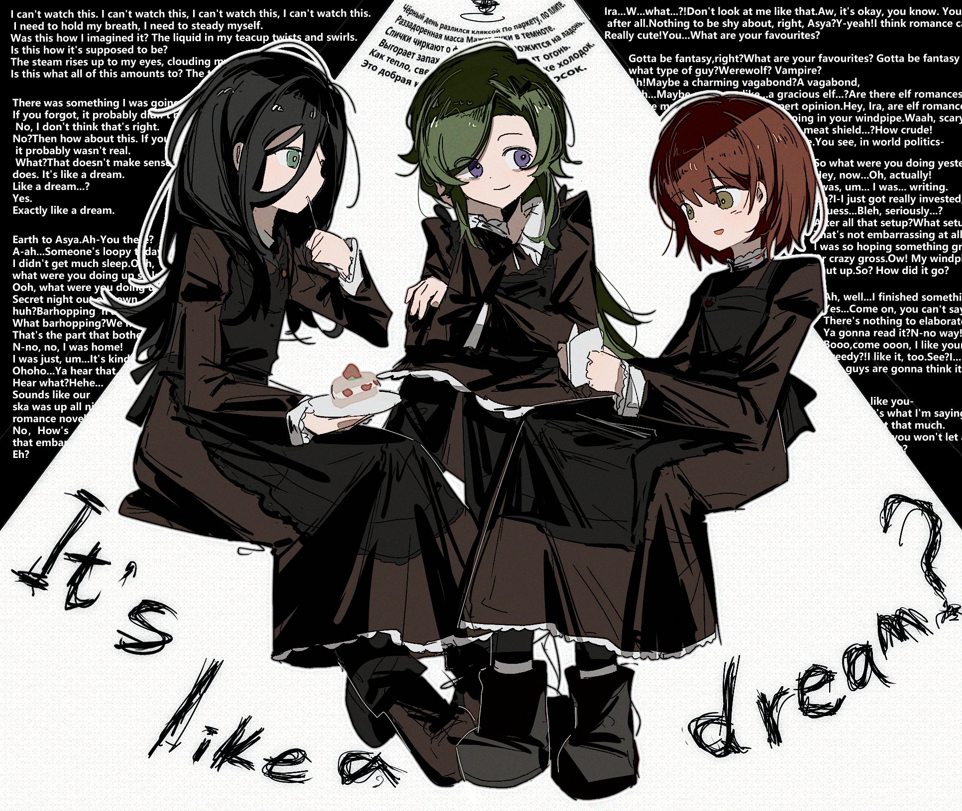 asya shubina, ira grachevskaya, marina kaplan, z.a.t.o. // i love the world and everything in it, hashtag-only commentary, highres, 3girls, apron, black apron, black hair, boots, brown dress, brown eyes, brown hair, cake, cake slice, closed mouth, dress, english text, food, full body, green eyes, green hair, hair between eyes, holding, holding notebook, kan 084, light blush, long hair, long sleeves, looking at another, multiple girls, notebook, pants, pants under dress, pantyhose, parted lips, purple eyes, school uniform, short hair, sitting, smile, soviet school uniform, strawberry cake, yellow pupils