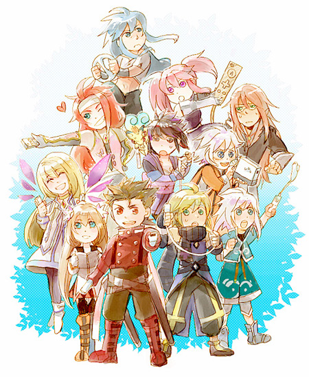 yanagi hara, colette brunel, corrine, emil castagnier, fujibayashi sheena, genius sage, lloyd irving, marta lualdi, presea combatir, raine sage, regal bryan, richter abend, zelos wilder, nintendo, tales of (series), tales of symphonia, tales of symphonia: dawn of the new world, 00s, 5girls, 6+boys, black hair, blonde hair, blue eyes, blue hair, boots, brown hair, controller, game console, game controller, glasses, gloves, grin, headband, knee boots, long hair, multiple boys, multiple girls, one eye closed, pantyhose, pink eyes, pink hair, ponytail, red hair, red shirt, scarf, shirt, short hair, smile, twintails, white hair, wii, wink