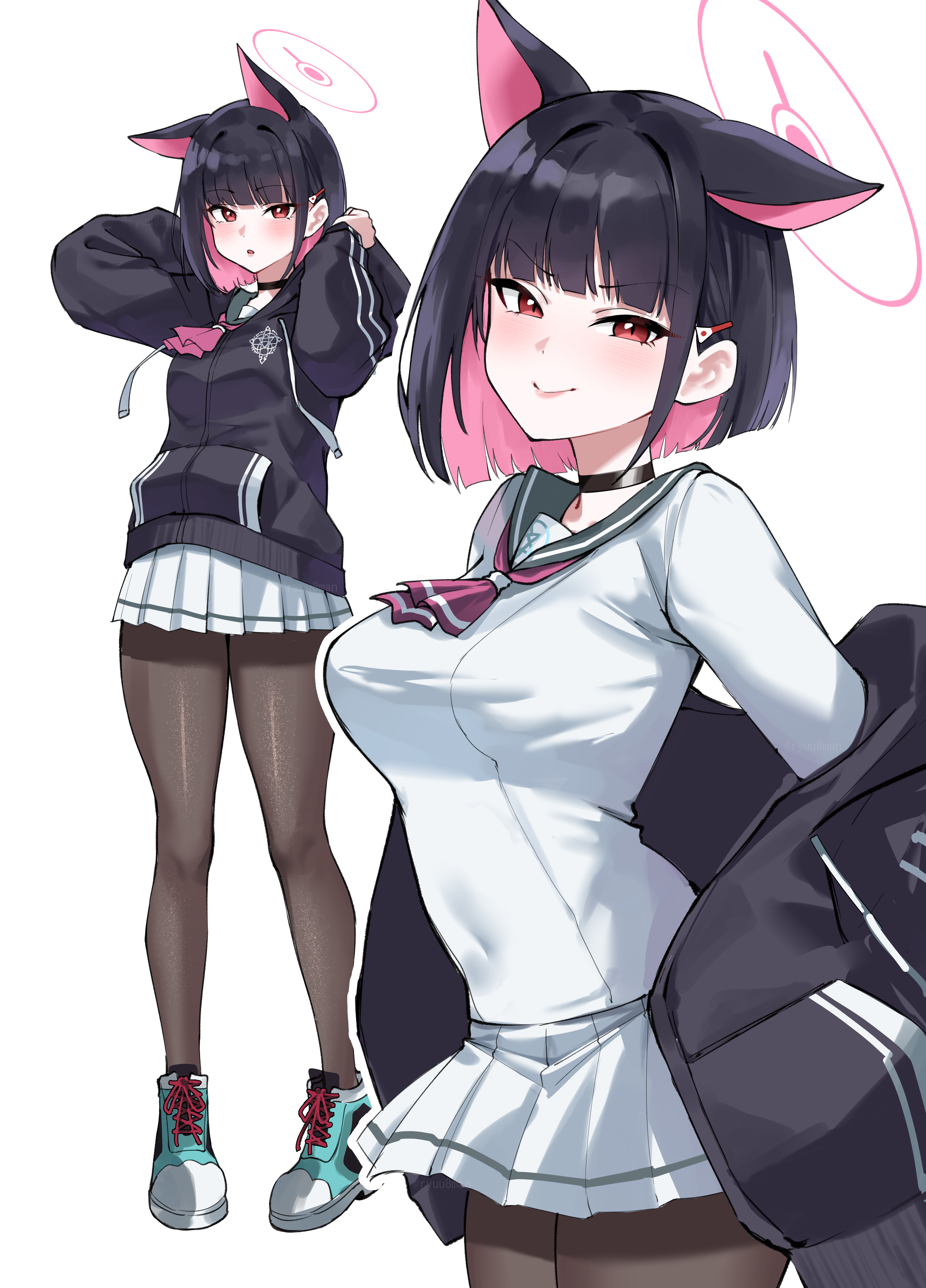 ryno-tenki, kazusa (blue archive), blue archive, absurdres, commentary, highres, 1girl, animal ears, black choker, black hair, black hoodie, black jacket, black pantyhose, blue shoes, breasts, cat ears, cat girl, choker, colored inner animal ears, colored inner hair, cowboy shot, extra ears, full body, green sailor collar, halo, hood, hooded jacket, hoodie, impossible clothes, impossible shirt, jacket, looking at viewer, medium breasts, multicolored hair, multiple views, neckerchief, pantyhose, pink hair, pink halo, pink neckerchief, pleated skirt, red eyes, removing jacket, sailor collar, school uniform, serafuku, shirt, shoes, short hair, skirt, solo focus, two-tone hair, white background