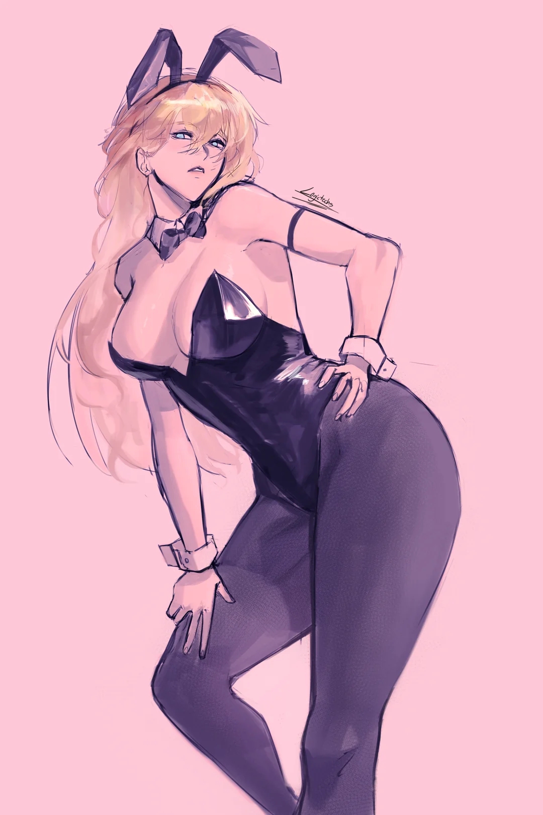 logicsterrr, cassie (shadow slave), shadow slave, highres, non-web source, 1girl, animal ears, black leotard, black pantyhose, blonde hair, blue eyes, breasts, leotard, long hair, looking at viewer, pantyhose, playboy bunny, rabbit ears, solo, very long hair