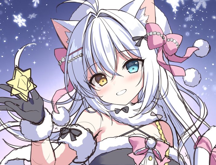 mauve, aina rive, original, commentary, unfinished, 1girl, animal ear fluff, animal ears, antenna hair, bare shoulders, beret, black dress, black gloves, blue eyes, blush, bow, brown eyes, cat ears, cat girl, cat tail, criss-cross halter, dress, fur-trimmed dress, fur-trimmed gloves, fur trim, gloves, hair intakes, halterneck, hand up, hat, head tilt, heterochromia, looking at viewer, pink bow, snowflakes, solo, tail, upper body, white hair, white hat