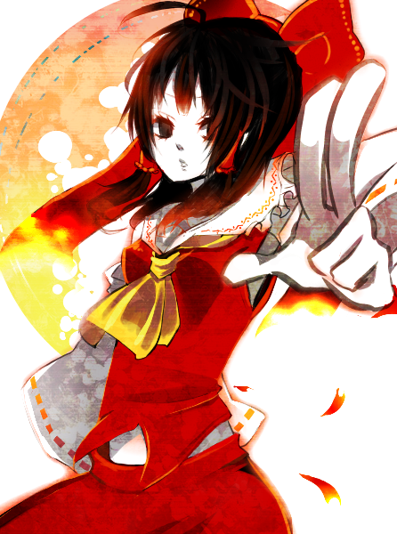 hakurei reimu, touhou, 1girl, brown eyes, brown hair, detached sleeves, female focus, japanese clothes, miko, pale skin, ribbon, solo