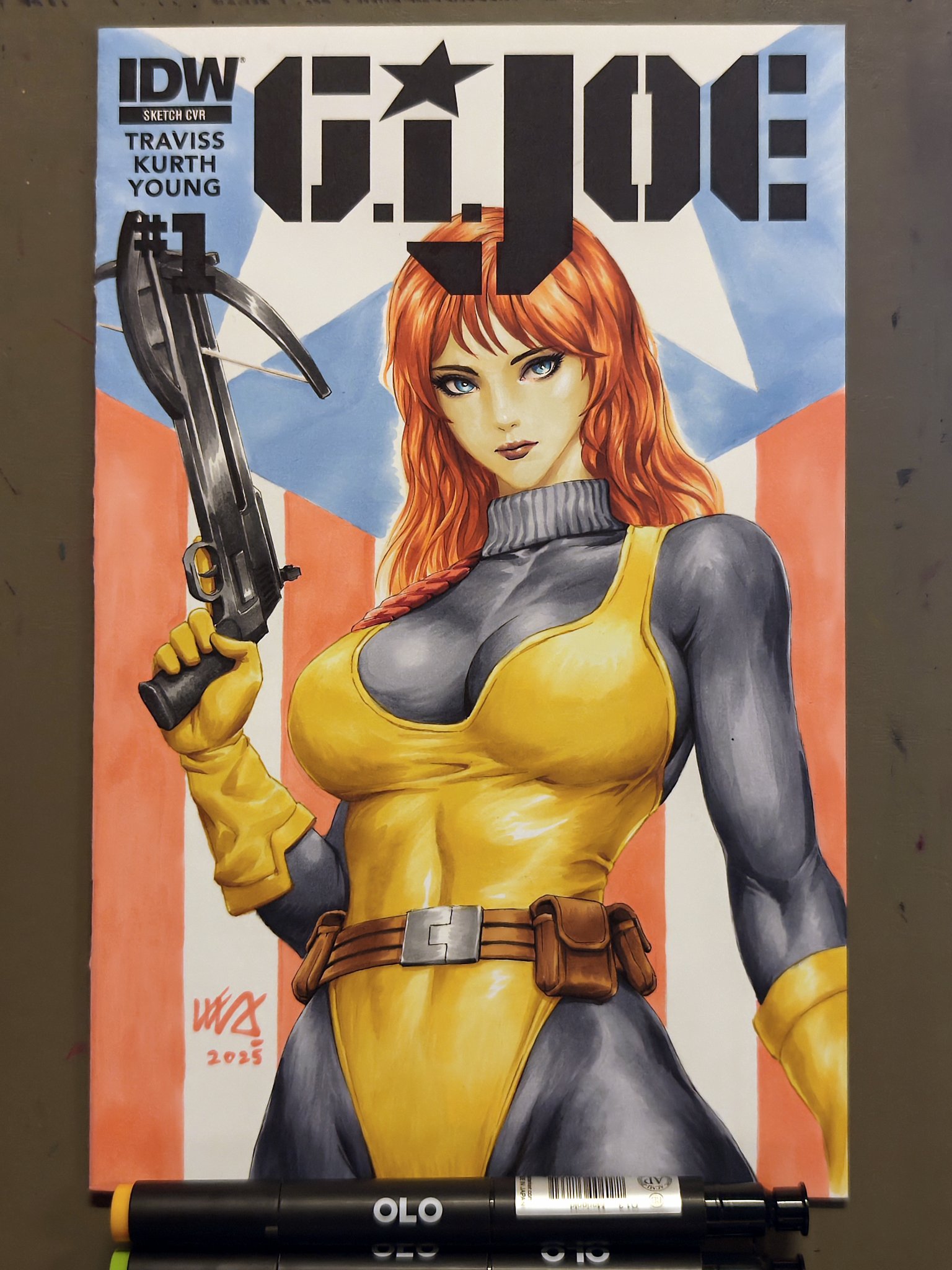 kunkka, scarlett (g.i. joe), g.i. joe, commentary, english commentary, highres, marker (medium), traditional media, 1girl, 2025, art tools in frame, belt, blue eyes, bodysuit, bow (weapon), braid, breasts, brown belt, copyright logo, copyright name, cover sketch, covered navel, crossbow, gloves, grey bodysuit, holding, holding crossbow, holding weapon, large breasts, leotard, logo, long hair, looking to the side, looking up, red hair, red lips, signature, solo, turtleneck, turtleneck bodysuit, weapon, yellow gloves, yellow leotard