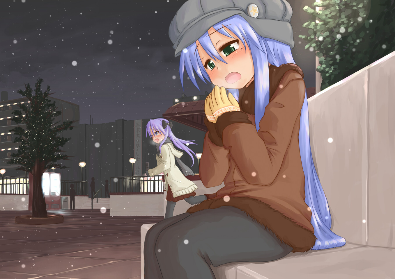 ryuunosuke (luckyneco), hiiragi kagami, izumi konata, lucky star, 00s, 2girls, bench, blue hair, blush, breath, coat, cold, gloves, green eyes, hair ribbon, hat, jacket, long hair, mole, mole under eye, multiple girls, pantyhose, purple hair, ribbon, running, scarf, snow, star (symbol), tree, tsurime, very long hair, winter, winter clothes, worried, yuri