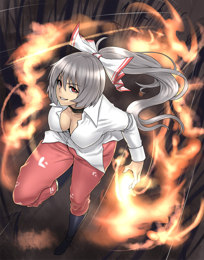 houtengeki, fujiwara no mokou, touhou, silver hair, 1girl, bow, breasts, choker, cleavage, downblouse, female focus, fire, from above, hair bow, hair ribbon, large breasts, long hair, red eyes, ribbon, solo
