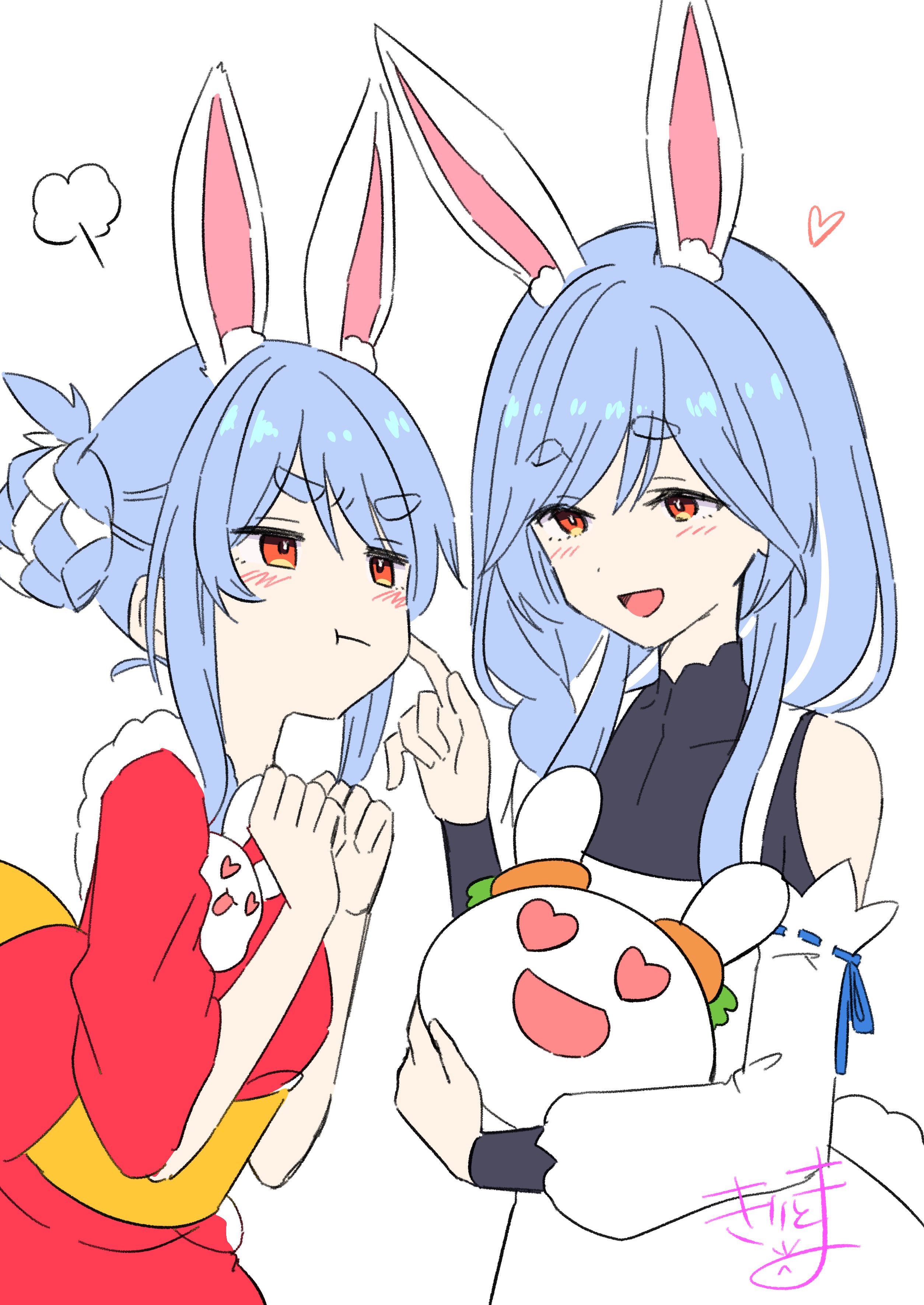 kiritoma, pekomama, pekomon (usada pekora), usada pekora, usada pekora (new year), hololive, absurdres, commentary request, highres, 2girls, :t, animal ear fluff, animal ears, bare shoulders, blue hair, blush, braid, closed mouth, dress, hands up, heart, heart-shaped eyes, japanese clothes, kimono, long sleeves, mother and daughter, multicolored hair, multiple girls, obi, pout, puffy long sleeves, puffy sleeves, rabbit-shaped pupils, rabbit ears, red eyes, red kimono, sash, short eyebrows, signature, simple background, streaked hair, symbol-shaped pupils, thick eyebrows, two-tone hair, v-shaped eyebrows, white background, white dress, white hair