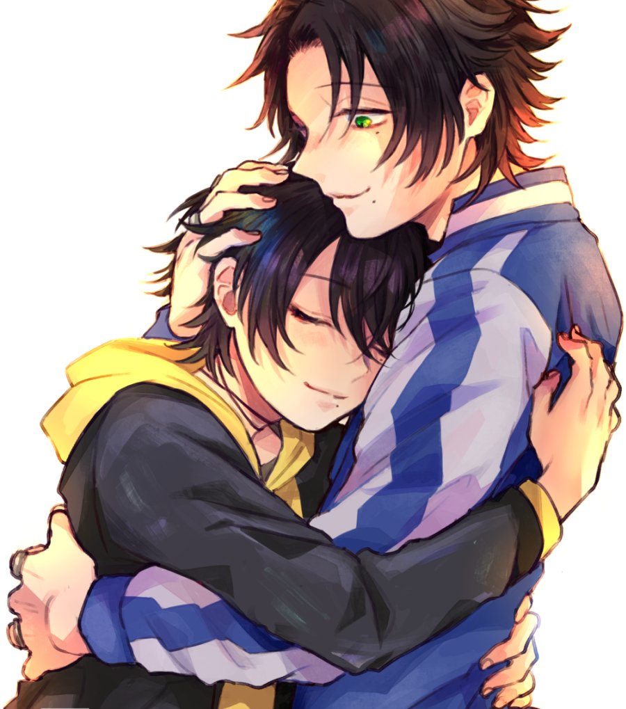 yamada jiro, yamada saburo, hypnosis mic, silver ring, bad id, bad twitter id, commentary request, variant set, 2boys, adam's apple, backlighting, black choker, black hair, black jacket, blue jacket, brothers, chin rest, choker, closed eyes, curtained hair, fingernails, from side, green eyes, grey shirt, hair between eyes, hand on another's back, hand on another's head, harupeace6, head on chest, head on head, head rest, hood, hood down, hoodie, hug, implied incest, jacket, jacket over hoodie, jewelry, light blush, light smile, long sleeves, looking at another, male focus, mole, mole under eye, mole under mouth, multicolored jacket, multiple boys, multiple moles, multiple rings, open clothes, open jacket, parted bangs, raised eyebrows, ring, shirt, short hair, siblings, simple background, slouching, smile, two-tone jacket, upper body, white background, white jacket, yellow hoodie