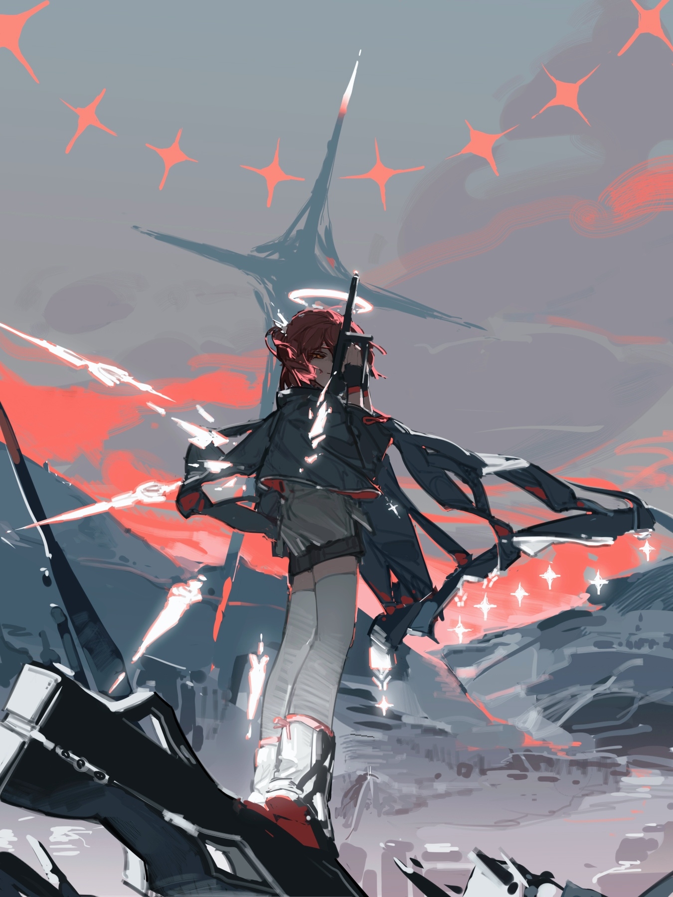 exusiai (arknights), exusiai the new covenant (arknights), arknights, highres, 1girl, ai chi chunjuan fan, black boots, black gloves, black jacket, boots, detached wings, fingerless gloves, from behind, full body, gloves, glowing, grey sky, halo, holding, holding weapon, jacket, long sleeves, looking at viewer, looking back, outdoors, red hair, sky, smile, solo, standing, thighhighs, traditional halo, weapon, white halo, white thighhighs, wings