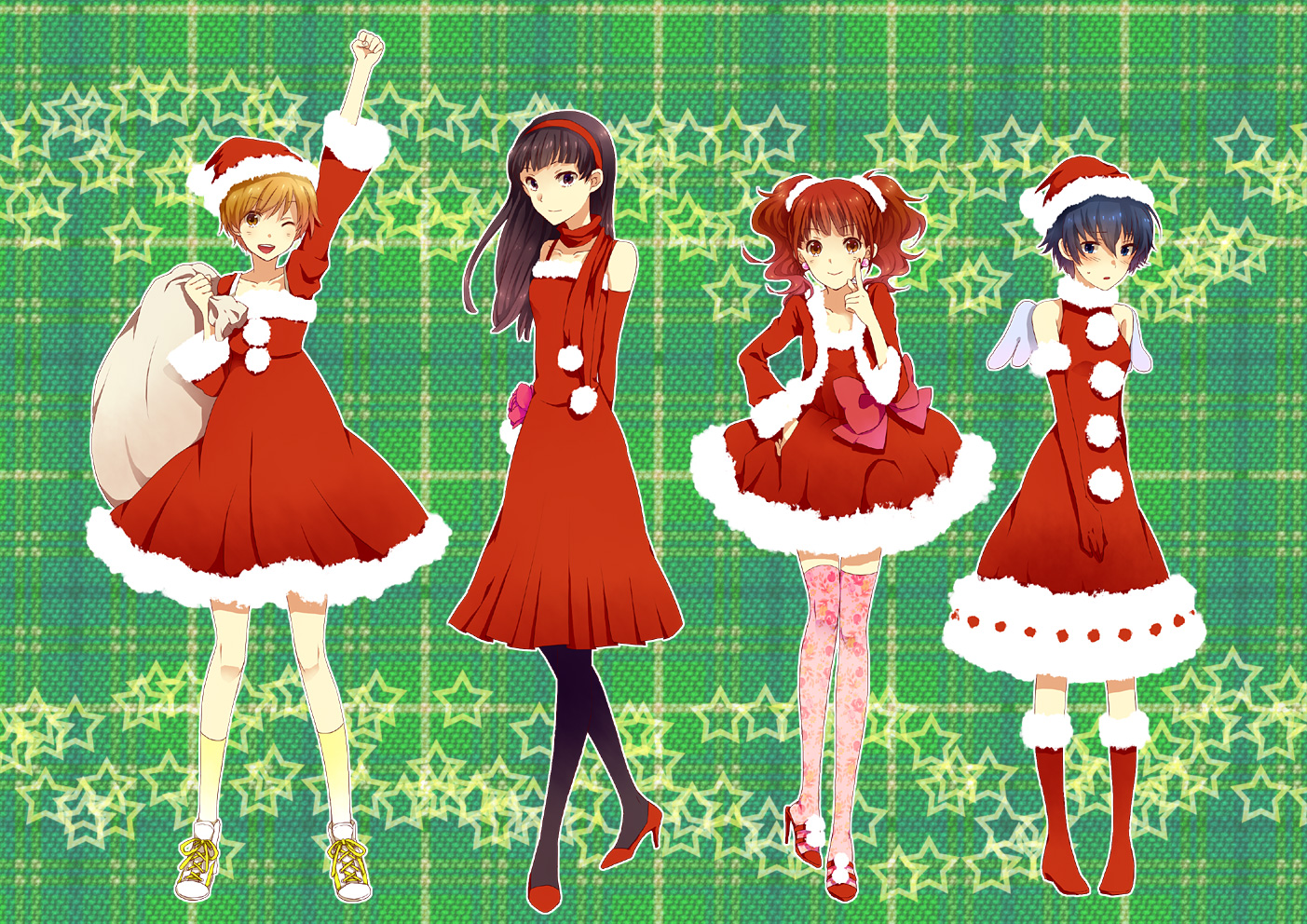 tayako, amagi yukiko, kujikawa rise, satonaka chie, shirogane naoto, atlus, persona, persona 4, bad id, bad pixiv id, 4girls, hat, high heels, long hair, multiple girls, pantyhose, santa costume, santa hat, short hair, thighhighs