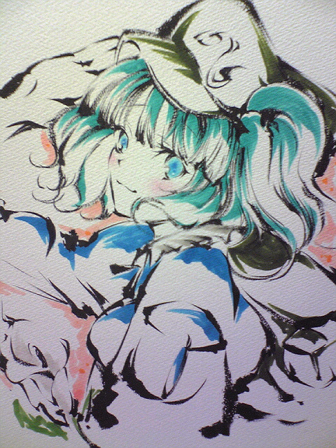 tsubameyado, kawashiro nitori, touhou, brush (medium), colored pencil (medium), marker (medium), traditional media, 1girl, aqua eyes, aqua hair, female focus, flower, hat, partially colored, shikishi, solo, twintails, two side up