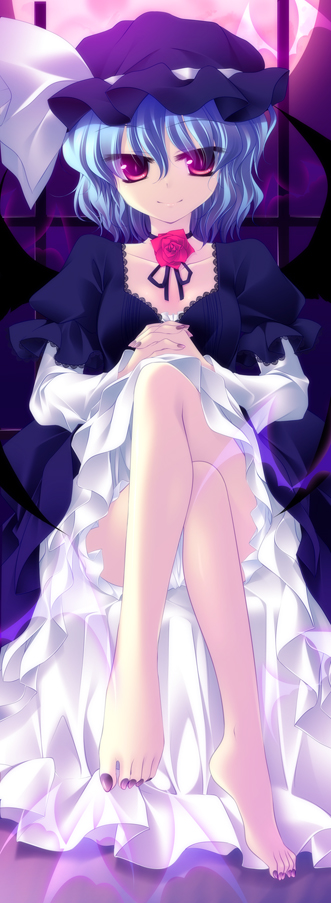 motomiya mitsuki, remilia scarlet, touhou, 1girl, alternate costume, barefoot, bat wings, blue hair, crossed legs, dress, feet, female focus, flower, glowing, glowing eyes, hat, hat ribbon, knees, legs, nail polish, own hands clasped, own hands together, purple nails, red eyes, ribbon, rose, short hair, sitting, slit pupils, smile, solo, toenail polish, toenails, wings
