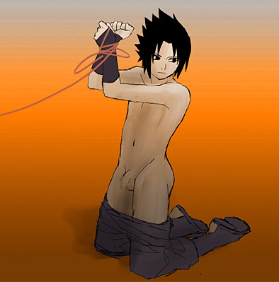 uchiha sasuke, naruto (classic), naruto (series), artist request, lowres, 1boy, bdsm, bondage, bound, censored, clothes pull, flaccid, full body, gradient background, kneeling, male focus, pants, pants pull, penis, solo, topless male