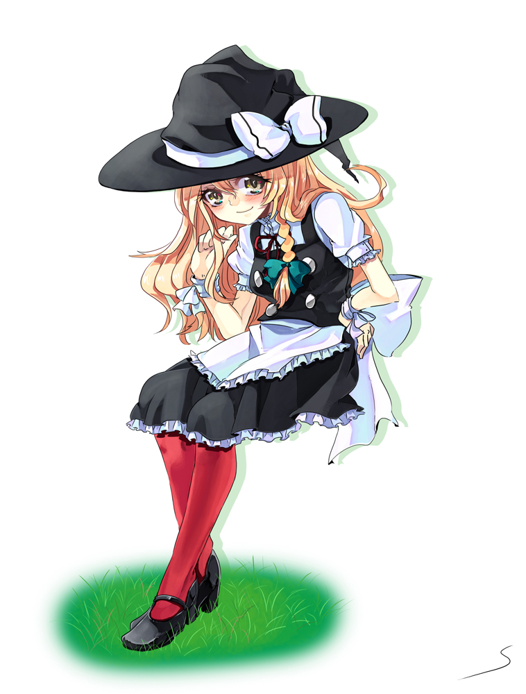 sarusaru naoto, kirisame marisa, touhou, 1girl, blonde hair, female focus, hat, pantyhose, ribbon, solo, yellow eyes