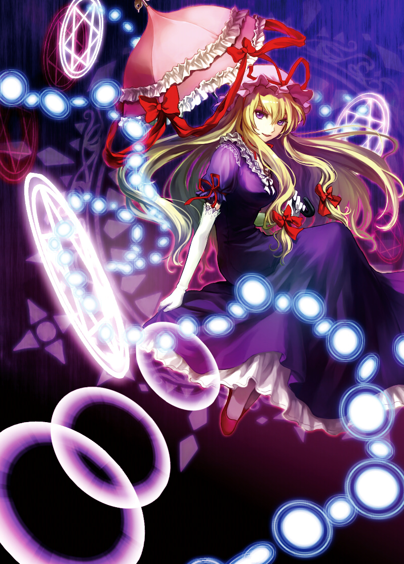 ria (rilpoppo), yakumo yukari, perfect cherry blossom, touhou, 1girl, blonde hair, danmaku, elbow gloves, female focus, gloves, hat, long hair, magic circle, purple eyes, solo, umbrella
