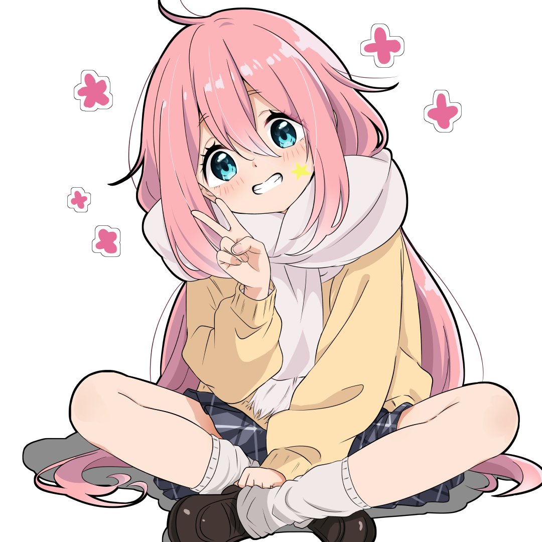 azumawari (azumofu), kagamihara nadeshiko, yurucamp, commentary request, 1girl, ahoge, aqua eyes, black skirt, brown shoes, eyelashes, facial mark, full body, grin, hair between eyes, happy aura, head tilt, indian style, loafers, long hair, long sleeves, looking at viewer, miniskirt, pink hair, pleated skirt, shoes, simple background, sitting, skirt, smile, socks, solo, star (symbol), star facial mark, sweater, tareme, v, very long hair, white background, white socks, yellow sweater