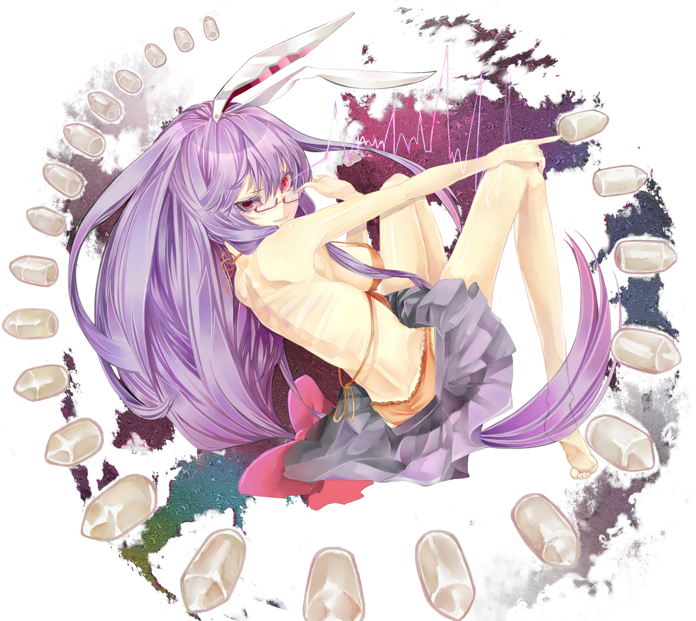 shiyui, reisen udongein inaba, touhou, bad id, bad pixiv id, highres, 1girl, animal ears, barefoot, bespectacled, bra, feet, female focus, glasses, lingerie, long hair, panties, purple hair, rabbit ears, red eyes, skinny, skirt, soles, solo, toes, underwear