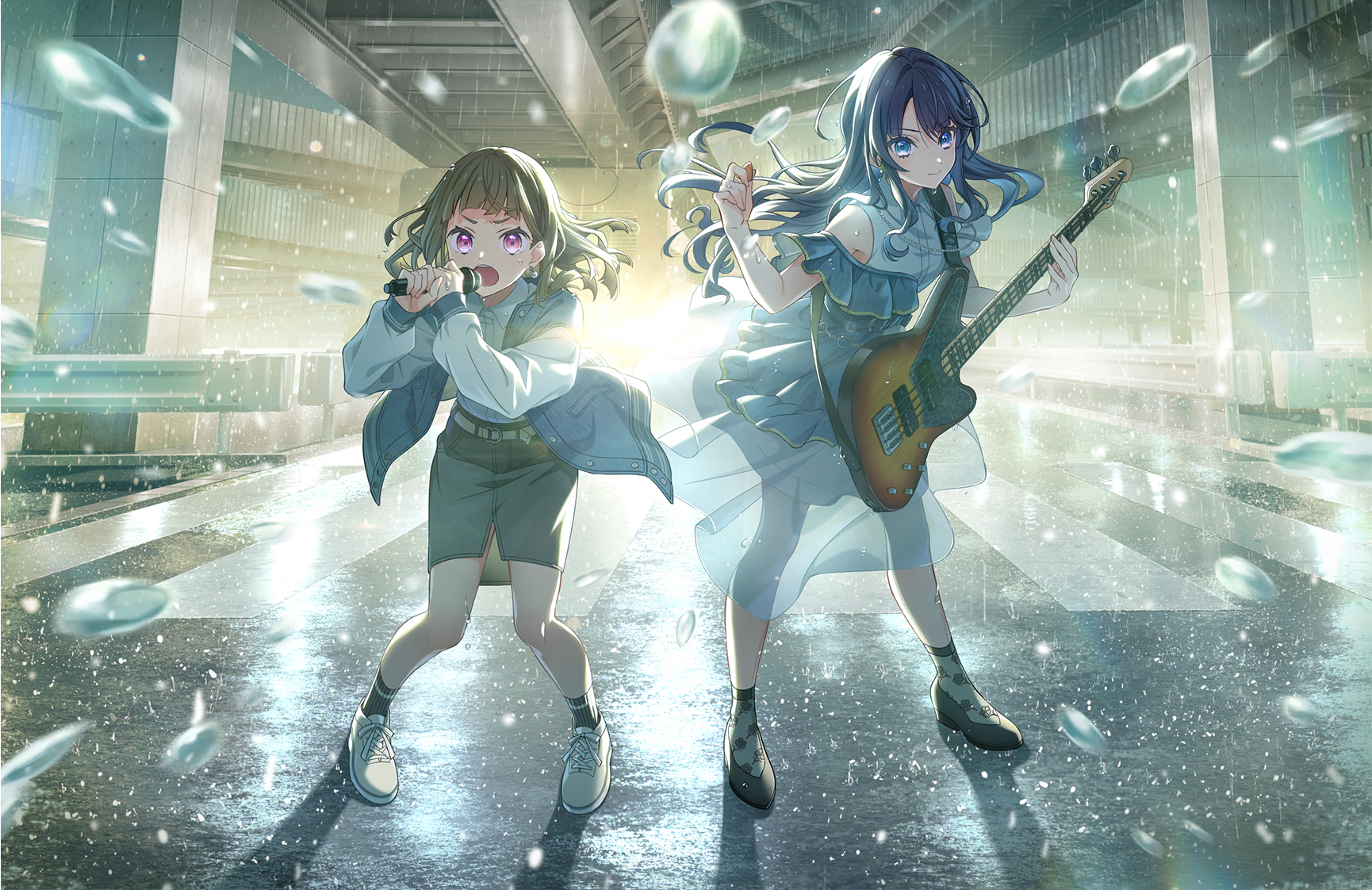 kachimachi kosuzu, murano sayaka, nagasaki soyo, takamatsu tomori, bang dream!, bang dream! it's mygo!!!!!, link! like! love live!, love live!, game cg, highres, non-web source, official art, 2girls, bass guitar, black shoes, black socks, blue dress, blue eyes, blue hair, blue jacket, bridge, brown hair, closed mouth, cosplay, crosswalk, dollchestra, dress, grey skirt, guitar strap, holding, holding bass guitar, holding instrument, holding microphone, holding plectrum, instrument, jacket, long hair, medium hair, microphone, multiple girls, nagasaki soyo (cosplay), open clothes, open jacket, open mouth, pink eyes, plectrum, rain, shirt, shoes, short sleeves, skirt, socks, takamatsu tomori (cosplay), virtual youtuber, wet, white shirt