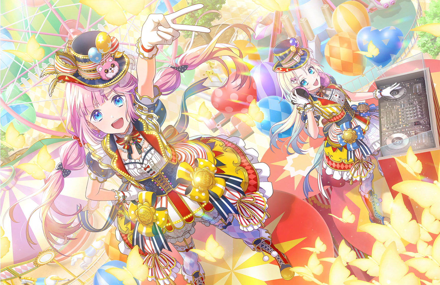 anyoji hime, michelle (bang dream!), okusawa misaki, osawa rurino, tsurumaki kokoro, bang dream!, link! like! love live!, love live!, game cg, highres, non-web source, official art, 2girls, arm up, balloon, black hat, blue eyes, boots, bug, butterfly, cosplay, dj, fang, gloves, hand on own hip, hat, hat ornament, headphones, heart balloon, idol, idol clothes, insect, long hair, mira-cra park!, multiple girls, okusawa misaki (cosplay), open mouth, pink hair, red boots, teeth, thighhighs, tsurumaki kokoro (cosplay), twintails, upper teeth only, virtual youtuber, white gloves, white thighhighs