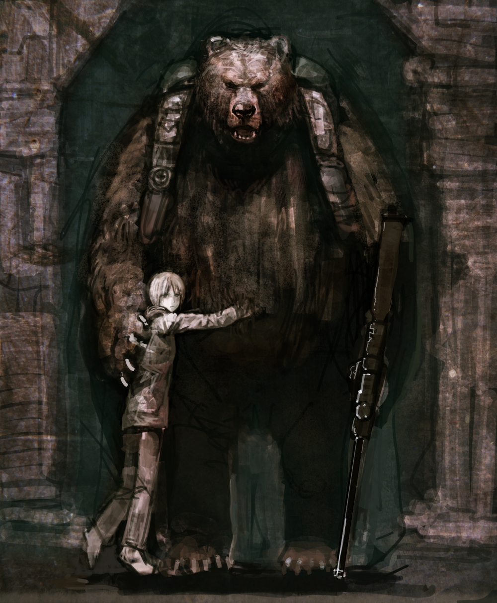 oguchi, kozlov loewic grebnev, yion green, biomega, tall, bad id, bad pixiv id, highres, 1boy, 1girl, albino, bear, brown bear, child, creepy, gun, horror (theme), hug, weapon