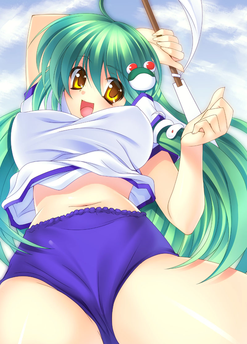 takeda aranobu, kochiya sanae, touhou, crotch, 1girl, alternate costume, arms up, breasts, covered erect nipples, female focus, frog, gohei, green hair, gym uniform, hair ornament, huge breasts, long hair, oonusa, snake, solo, yellow eyes