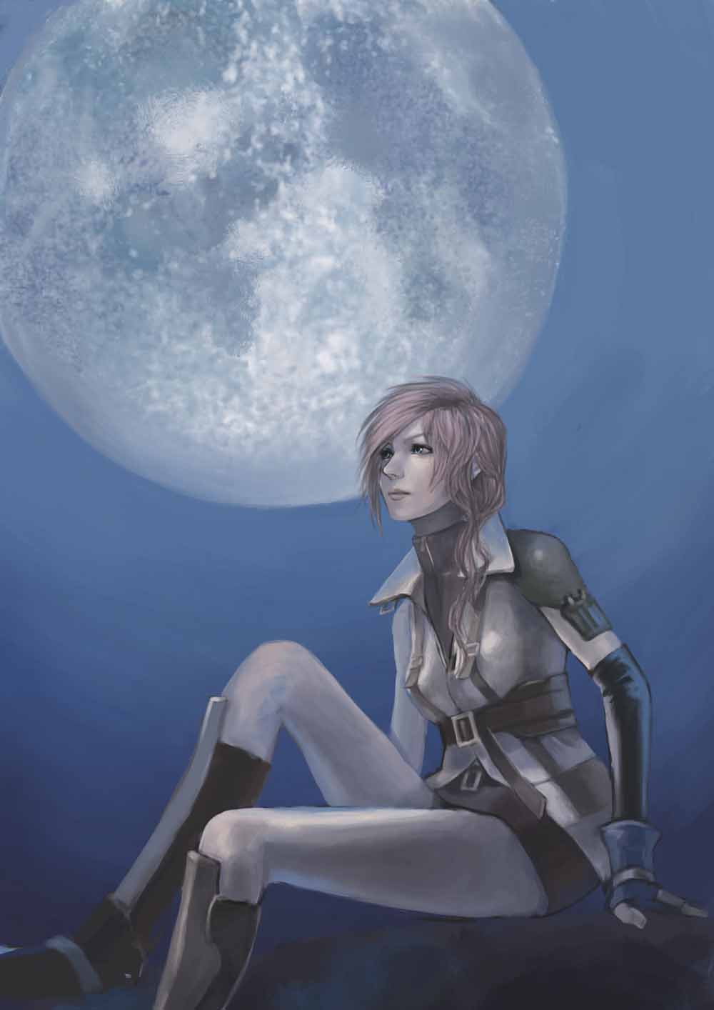 lightning farron, final fantasy, final fantasy xiii, highres, moon, realistic, skirt