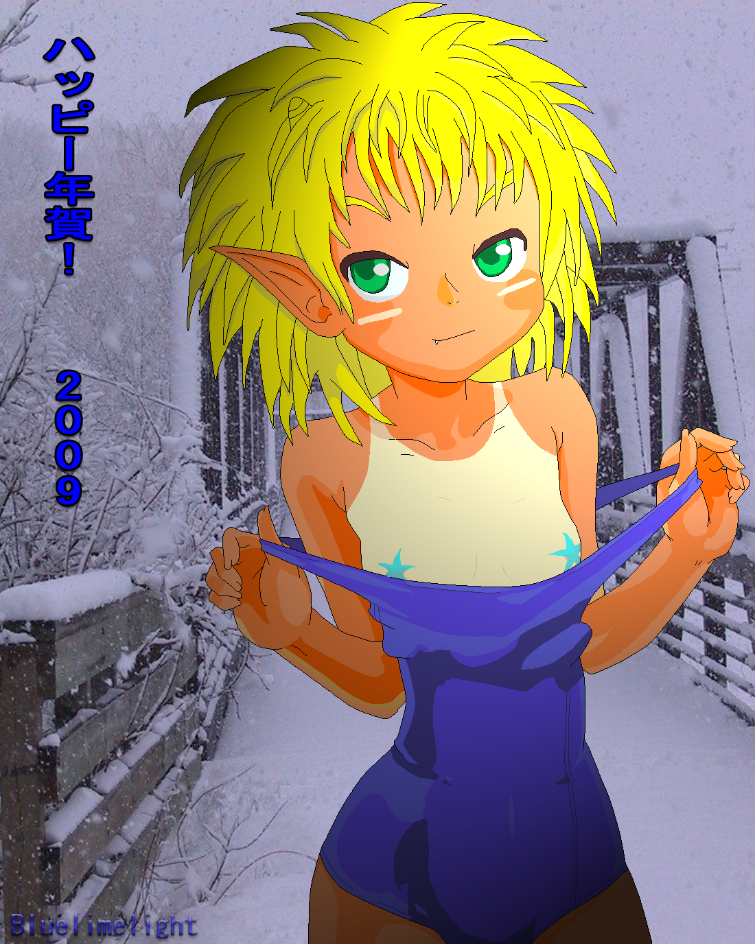 bluelimelight, ran-oh, m.u.g.e.n, mugen, original, tale of moon, highres, flat chest, loli, oni, pasties, snow, swimsuit, tan, tanline, winter