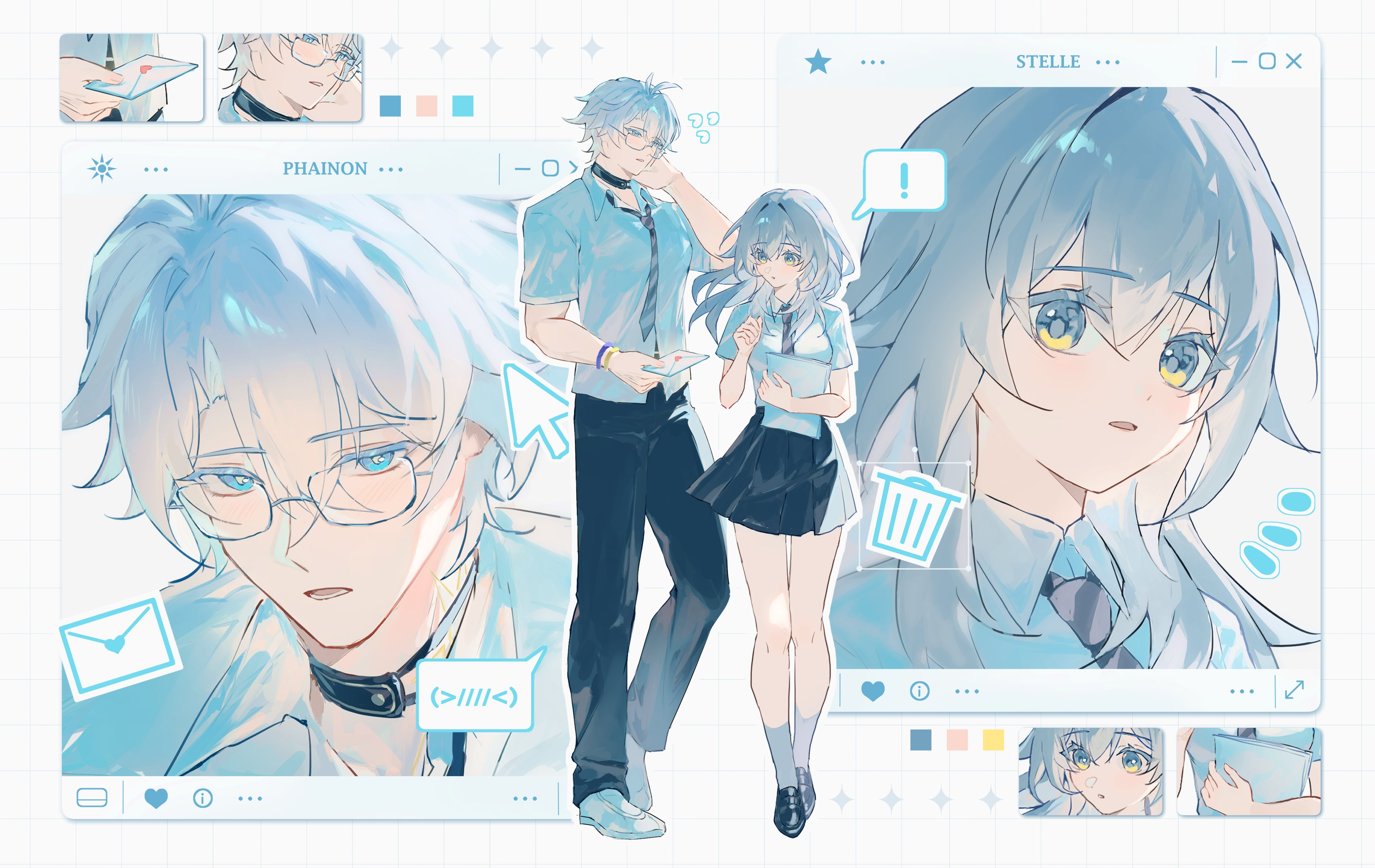 annann nna, phainon (honkai: star rail), stelle (honkai: star rail), trailblazer (honkai: star rail), honkai: star rail, honkai (series), absurdres, commentary, highres, symbol-only commentary, !, 1boy, 1girl, alternate universe, ankle socks, black choker, black pants, black shoes, black skirt, blue eyes, blue necktie, breasts, character name, choker, chrysos heirs school uniform, collared shirt, confession, envelope, facing viewer, full body, glasses, grey hair, grey socks, hand on own neck, hand up, hetero, holding, holding envelope, holding letter, holding paper, letter, loafers, long hair, looking at another, love letter, medium breasts, multiple views, necktie, official alternate costume, pants, paper, school uniform, shirt, shoes, short sleeves, skirt, socks, speech bubble, spoken exclamation mark, striped clothes, striped necktie, untucked shirt, user interface, white shirt, white shoes, yellow eyes