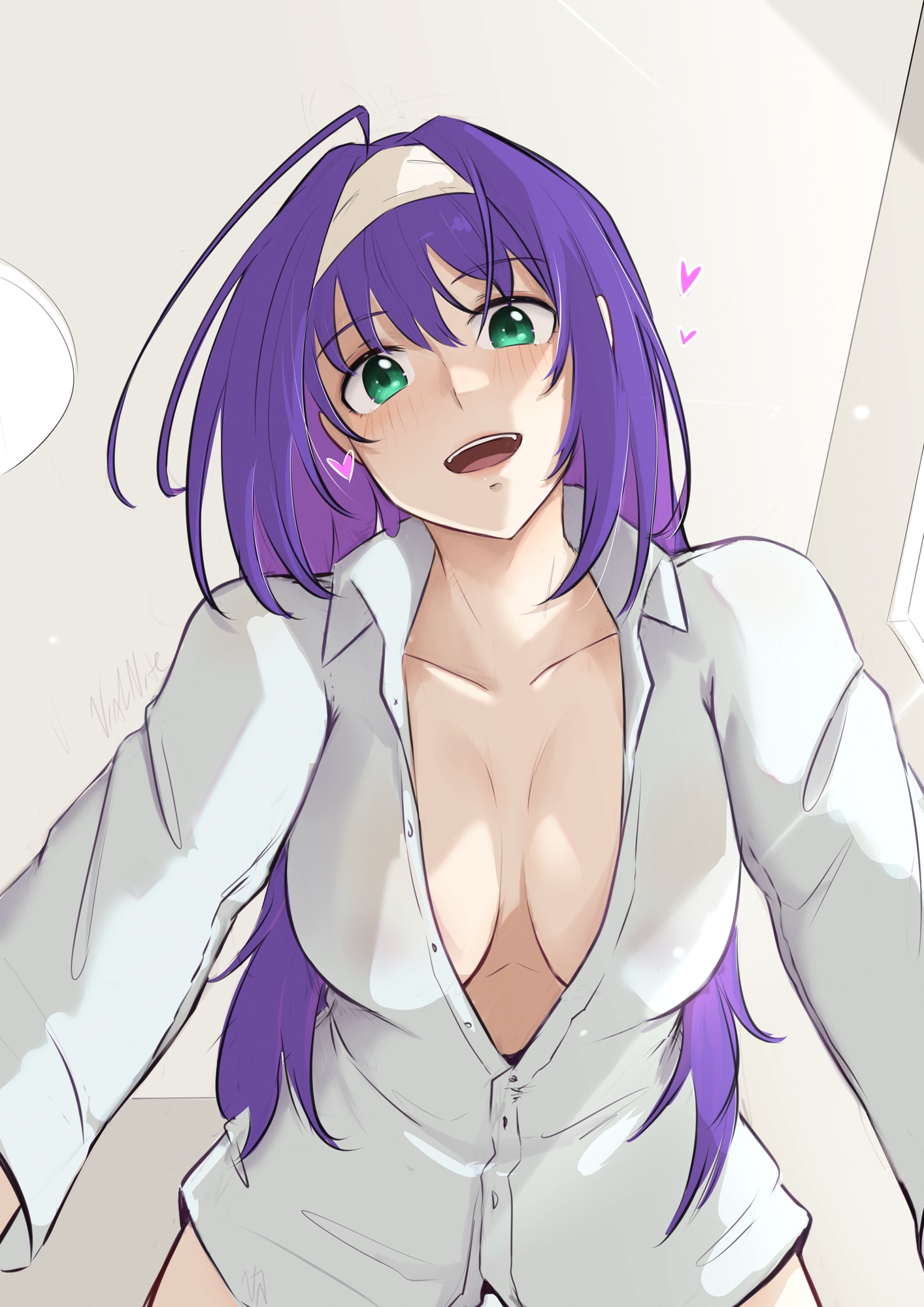 vialnite, mia (fire emblem), fire emblem, nintendo, commentary, english commentary, highres, 1girl, ahoge, blush, breasts, from below, girl on top, green eyes, hairband, heart, long hair, looking at viewer, looking down, medium breasts, naked shirt, open mouth, pov, purple hair, shirt, smile, solo, teeth, upper teeth only, white hairband