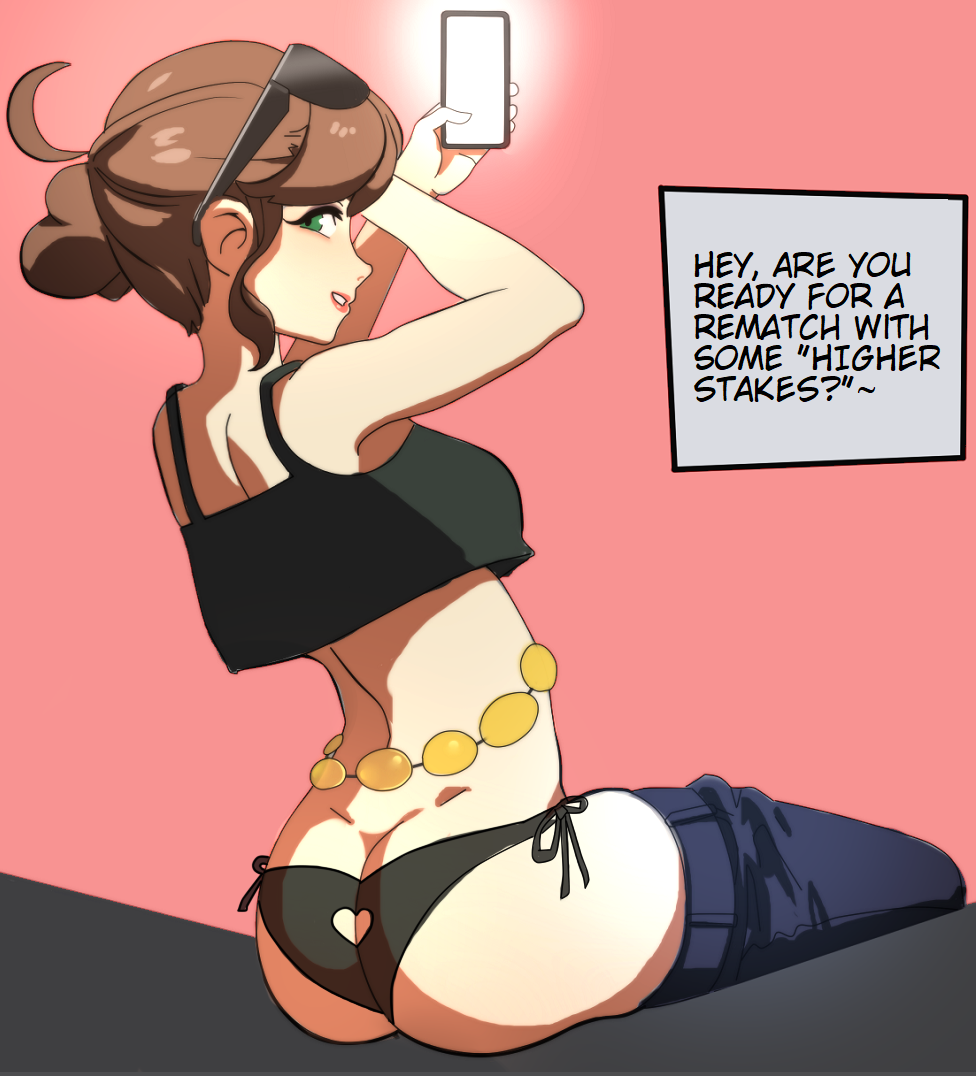 sunbeam (artist), beauty (pokemon), nintendo, pokemon, pokemon xy, 1girl, arms up, ass, brown eyes, brown hair, butt crack, cellphone, crop top, dimples of venus, hair bun, looking at viewer, looking back, panties, phone, side-tie panties, simple background, sitting, solo, speech bubble, sunglasses, sunglasses on head, underwear