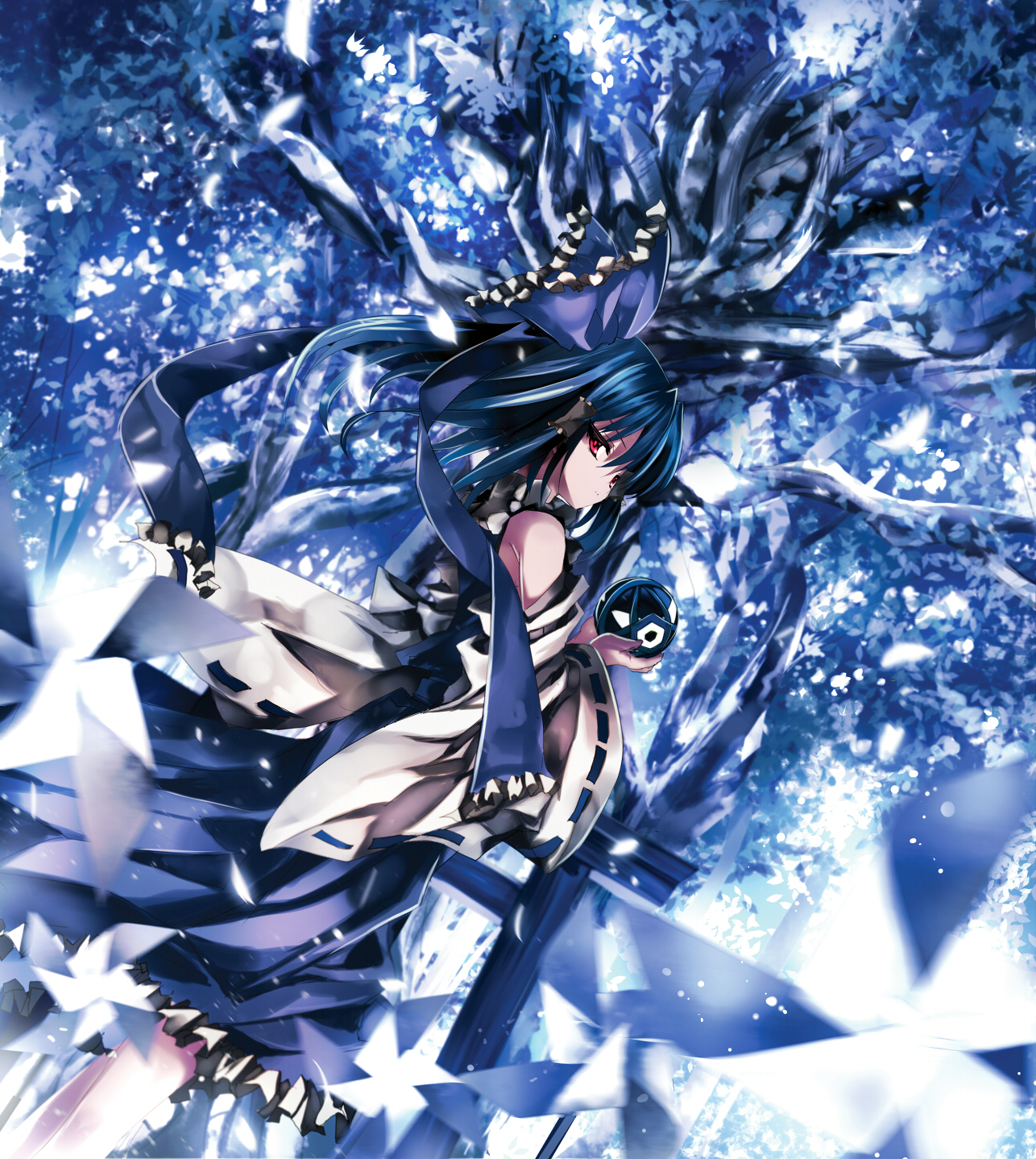 shino (eefy), hakurei reimu, touhou, highres, md5 mismatch, 1girl, alternate color, black hair, bow, detached sleeves, female focus, hair bow, japanese clothes, long hair, miko, red eyes, solo, tree