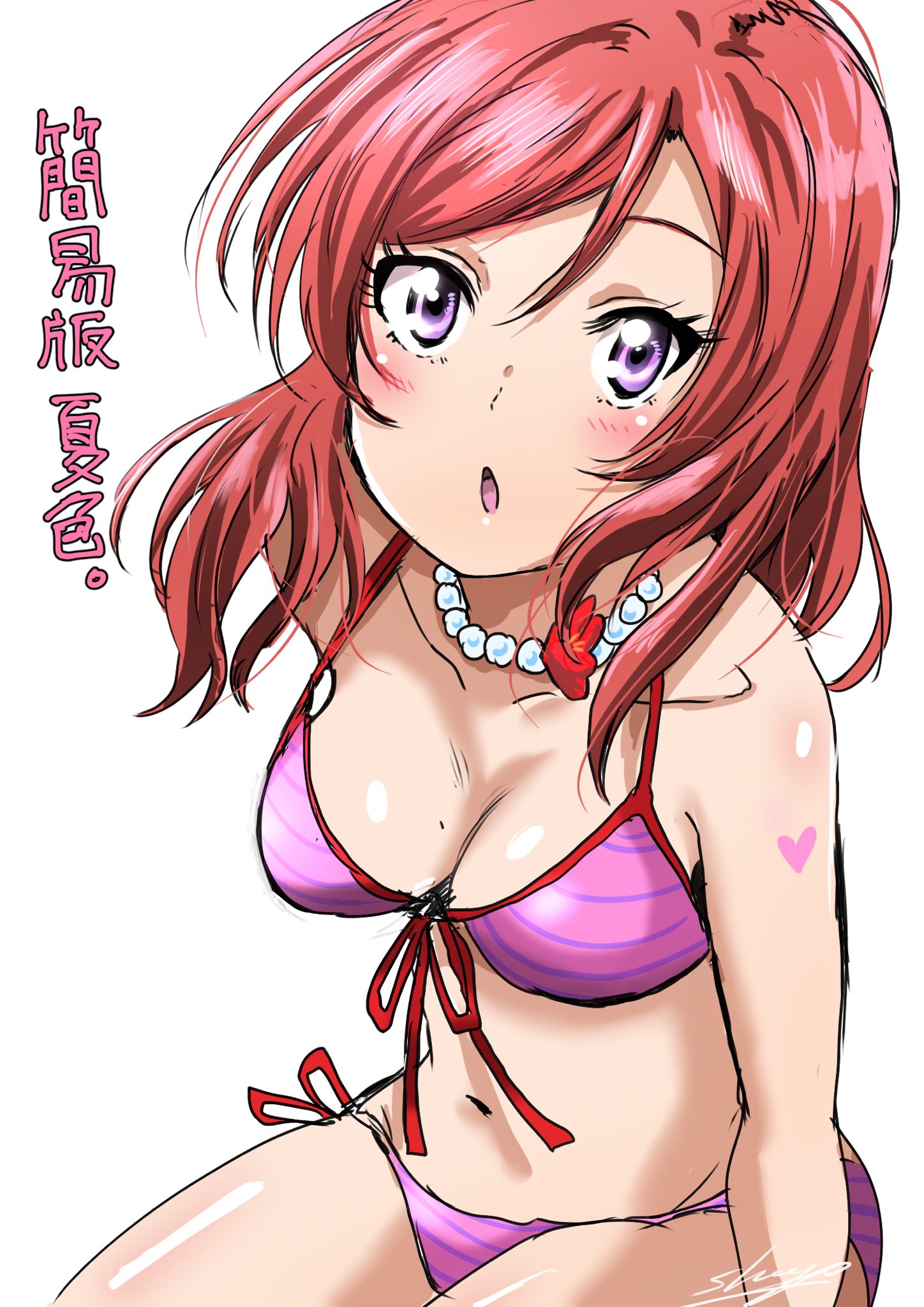 nishikino maki, love live!, love live! school idol project, commentary request, highres, translation request, 1girl, bare shoulders, bikini, blush, breasts, cleavage, collarbone, front-tie bikini top, front-tie top, medium breasts, natsuiro egao de 1 2 jump!, navel, open mouth, pink bikini, pinstripe bikini, purple bikini, purple eyes, red hair, shogo (cureshogo), side-tie bikini bottom, simple background, sitting, solo, stomach, swimsuit, white background