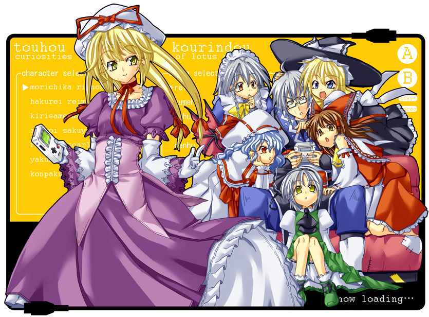 uemukai dai, hakurei reimu, izayoi sakuya, kirisame marisa, konpaku youmu, morichika rinnosuke, remilia scarlet, yakumo yukari, curiosities of lotus asia, touhou, 1boy, 6+girls, blonde hair, game boy, game boy (original), handheld game console, harem, hat, multiple girls, product placement, uemuki dai