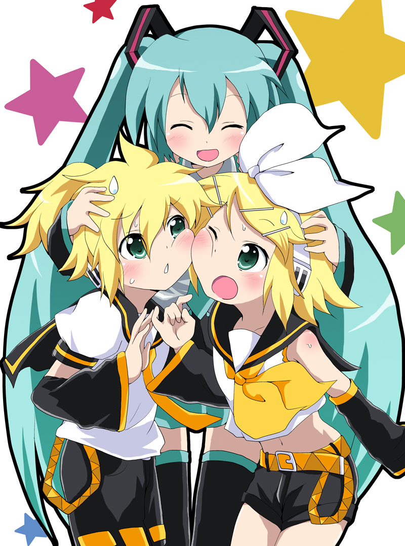 massala, hatsune miku, kagamine len, kagamine rin, vocaloid, bad id, bad pixiv id, ^ ^, aqua hair, blonde hair, blush, bow, closed eyes, detached sleeves, green eyes, hair bow, hair ornament, hairclip, long hair, midriff, necktie, open mouth, short hair, shorts, siblings, skirt, sweatdrop, thighhighs, twintails, very long hair