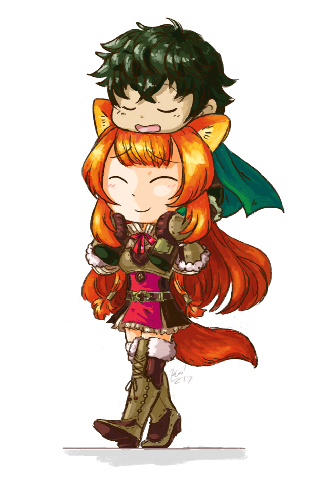 kiwikamikaze, iwatani naofumi, raphtalia, tate no yuusha no nariagari, commentary, commission, english commentary, 1boy, 1girl, :d, ^ ^, animal ears, armor, armored boots, belt, black dress, black hair, black shirt, boots, breastplate, breasts, brown belt, brown boots, carrying, cloak, closed eyes, collared dress, dress, full body, fur-trimmed armor, fur-trimmed boots, fur-trimmed gloves, fur trim, gloves, green cloak, green pants, high collar, layered dress, light blush, long hair, long sleeves, messy hair, metal hair tubes, neck ribbon, open mouth, orange hair, pants, raccoon ears, raccoon girl, raccoon tail, raised eyebrows, red dress, red ribbon, ribbon, shirt, short dress, short hair, shoulder carry, sidelocks, simple background, sleeping, sleeveless, sleeveless dress, small breasts, smile, straight hair, tail, tassets, thigh boots, thighhighs, two-tone dress, walking, white background, white dress, zettai ryouiki