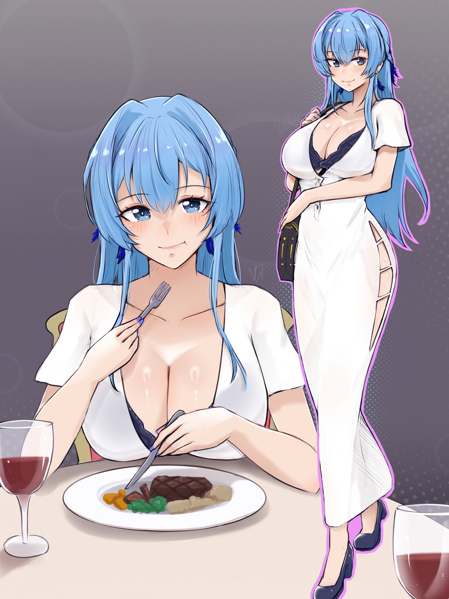 vialnite, helm (nikke), goddess of victory: nikke, commentary, english commentary, highres, 1girl, alcohol, bag, blue eyes, blue hair, blush, bra, breasts, cleavage, closed mouth, clothing cutout, cup, dress, drinking glass, eating, food, full body, hair between eyes, handbag, hip vent, large breasts, long hair, looking at viewer, plate, purple bra, purple shoes, shoes, sitting, smile, solo, steak, underwear, white dress, wine, wine glass