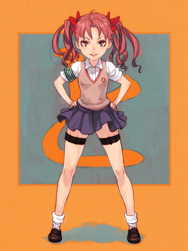 shiohara shin'ichi, shirai kuroko, toaru kagaku no railgun, toaru majutsu no index, bad id, bad pixiv id, 00s, 1girl, bow, brown eyes, brown hair, female focus, full body, hair bow, hair ribbon, ribbon, school uniform, skirt, socks, solo, sweater vest, thigh strap, twintails
