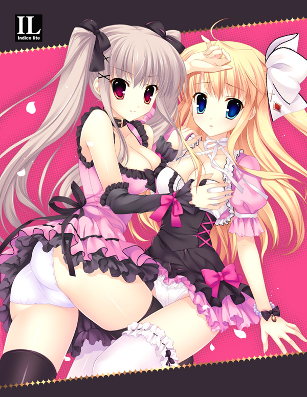 mitha, original, frilled legwear, bad id, bad pixiv id, 2girls, ass, blonde hair, breasts, collar, dress, grabbing another's breast, groping, hair ribbon, long hair, multiple girls, panties, purple hair, red eyes, ribbon, smile, thighhighs, twintails, underwear, yuri