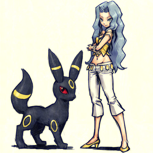 meimaru inuchiyo, karen (pokemon), umbreon, nintendo, pokemon, pokemon gsc, lowres, 1990s (style), 1girl, bare shoulders, blue hair, capri pants, closed mouth, elite four, full body, gen 2 pokemon, green eyes, groin, high heels, legs apart, long hair, looking at viewer, midriff, navel, pants, parted bangs, pokemon (creature), retro artstyle, shoes, simple background, smile, standing, stomach, very long hair, white hair, white pants, yellow shoes