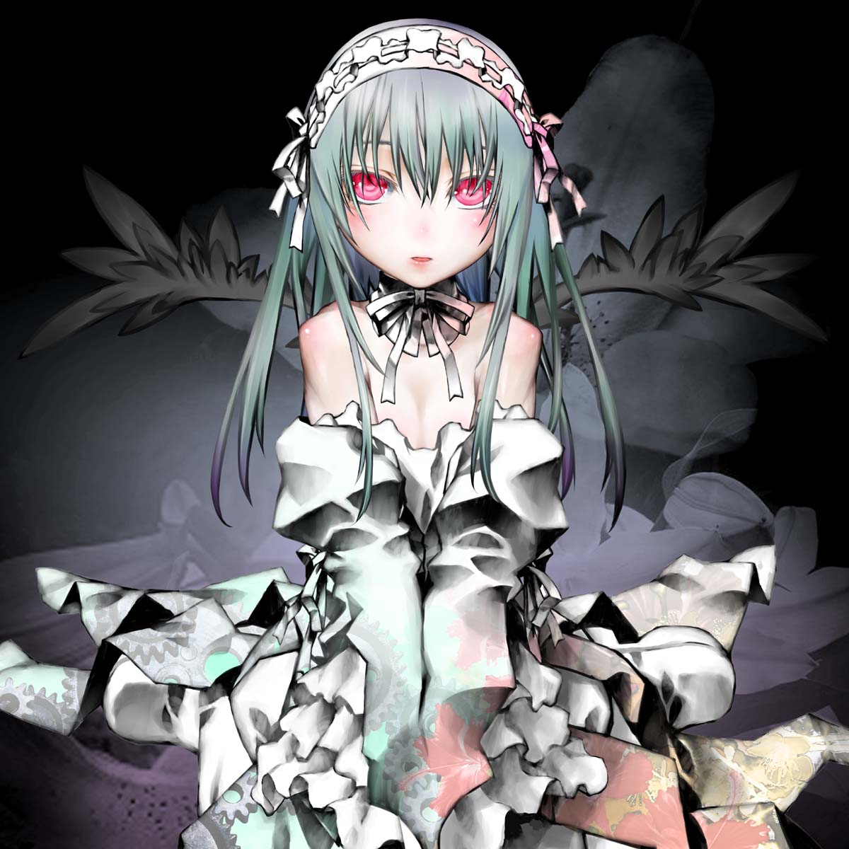 kakashichi, suigintou, rozen maiden, highres, 00s, 1girl, bare shoulders, female focus, long hair, red eyes, sitting, solo, wings