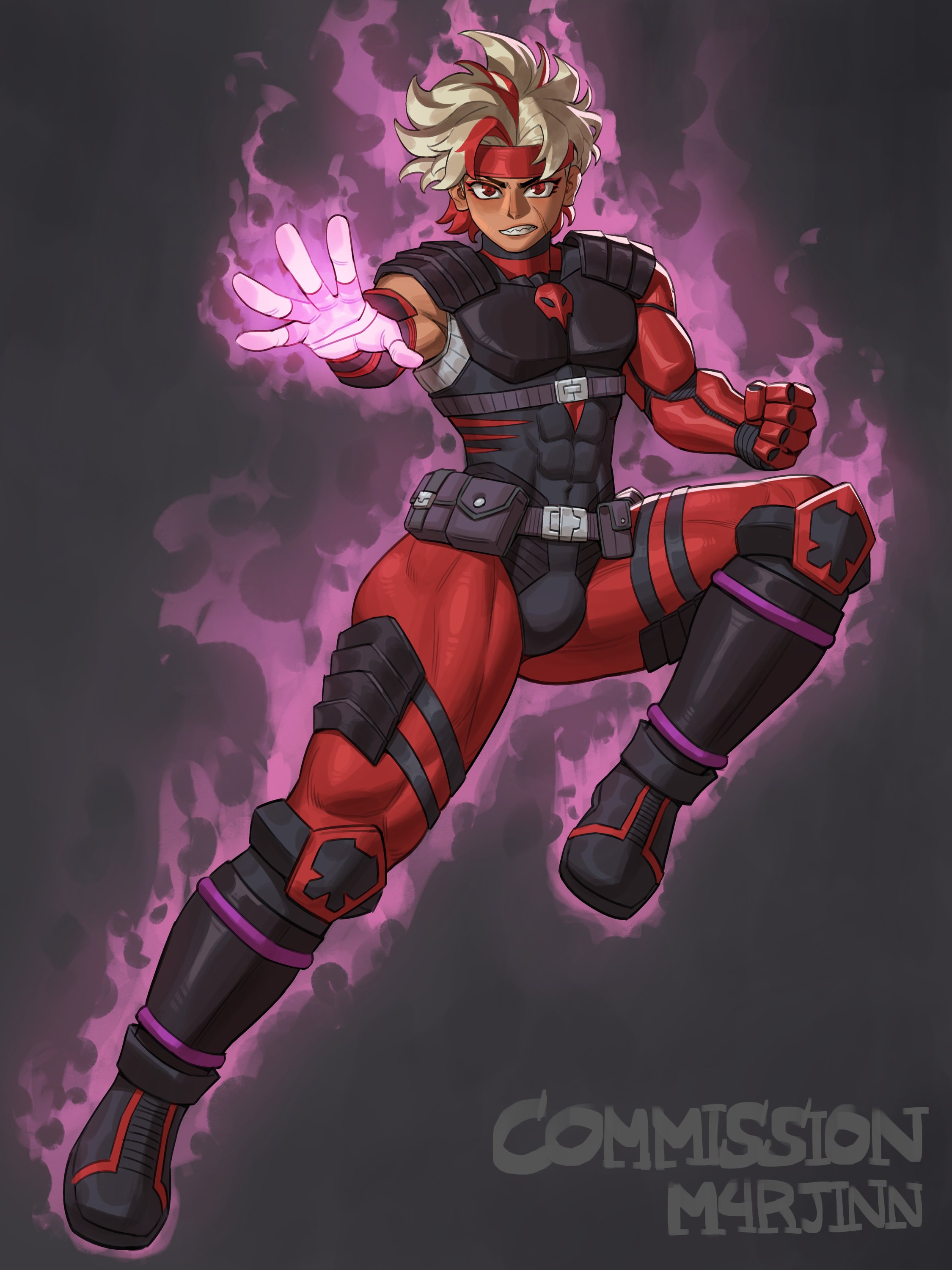 m4rjinn, original, absurdres, commentary, commission, english commentary, highres, 1boy, artist name, belt, black bodysuit, black shoes, blonde hair, bodysuit, bulge, clenched hand, facial scar, fire, fire body, forehead protector, full body, grey background, grey belt, knee up, looking at viewer, male focus, multicolored bodysuit, muscular, muscular male, nose, open mouth, pocket, purple fire, reaching, reaching towards viewer, red bodysuit, red eyes, red streaks, scar, scar on cheek, scar on face, sharp teeth, shoes, short hair, solo, teeth, two-tone bodysuit