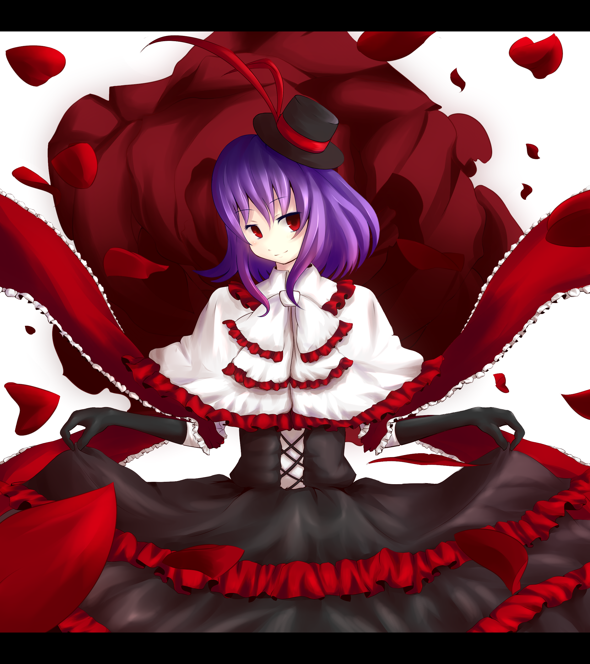 xulhey, nagae iku, touhou, absurdres, bad id, bad pixiv id, highres, 1girl, female focus, flower, hat, petals, purple hair, red hair, smile, solo
